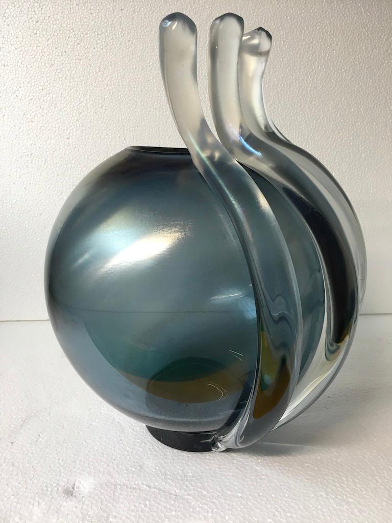 Unique Atlantico Contemporary Hand Blown Murano Glass Ocean Blue Vase by Ermes For Sale 2