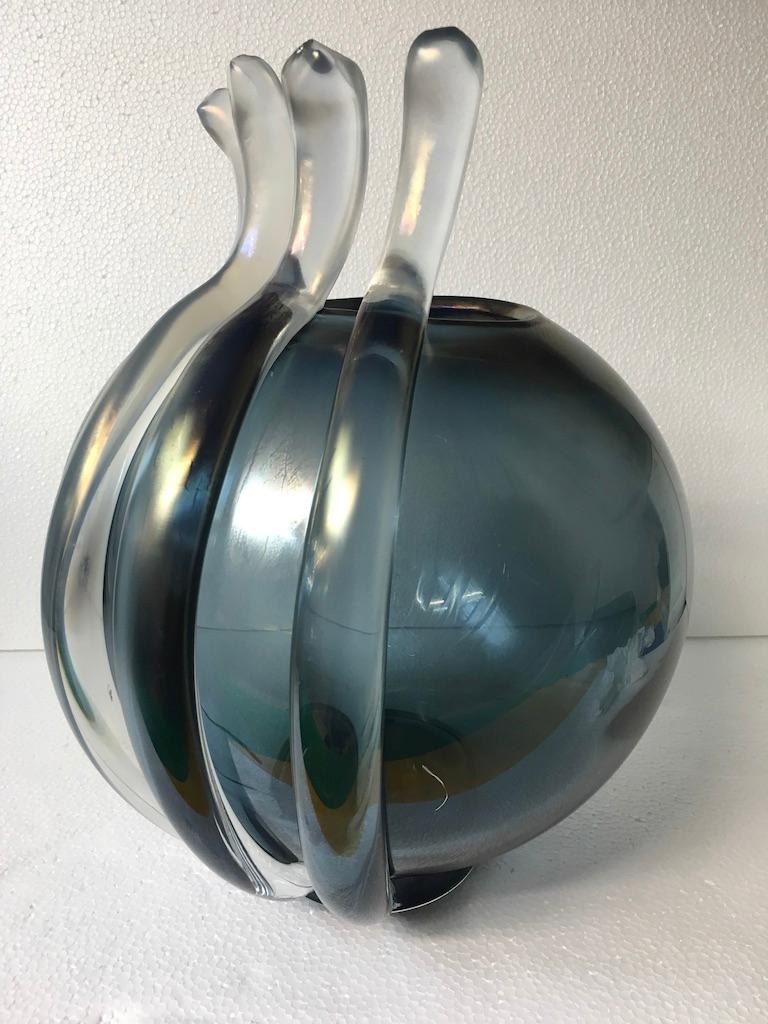 Unique Atlantico Contemporary Hand Blown Murano Glass Ocean Blue Vase by Ermes For Sale 3