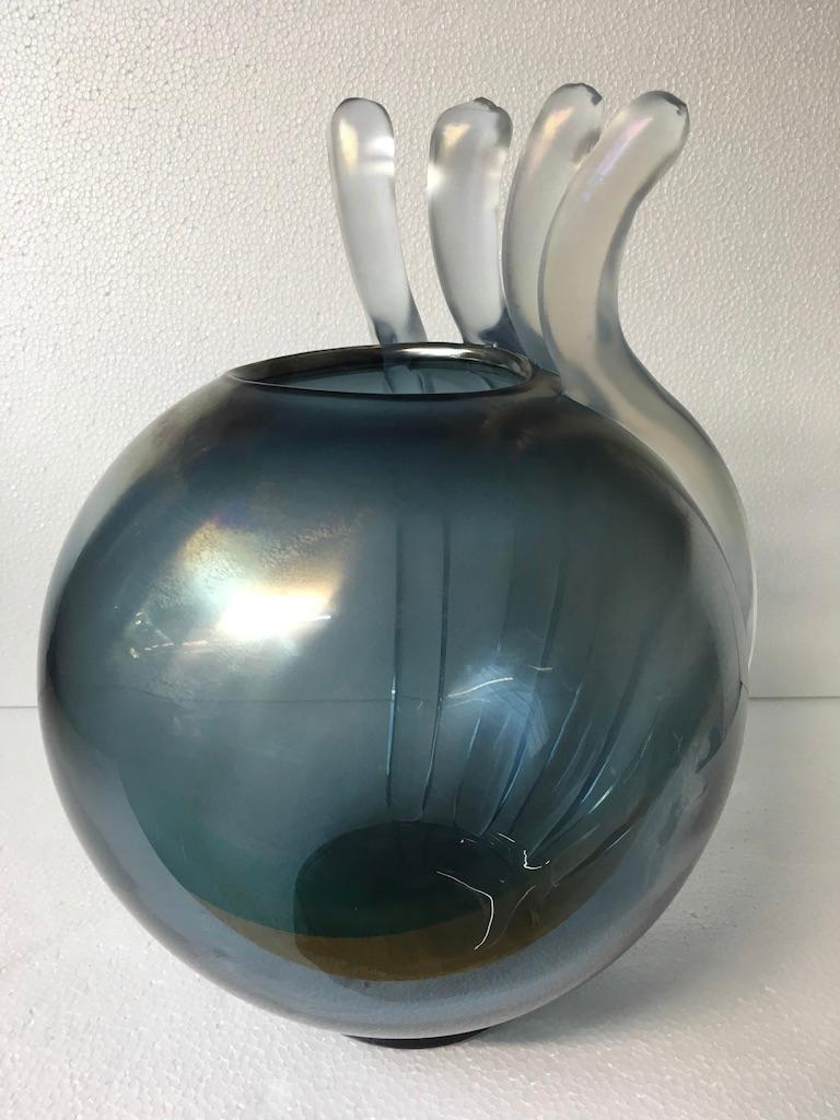 Unique Atlantico Contemporary Hand Blown Murano Glass Ocean Blue Vase by Ermes For Sale 5