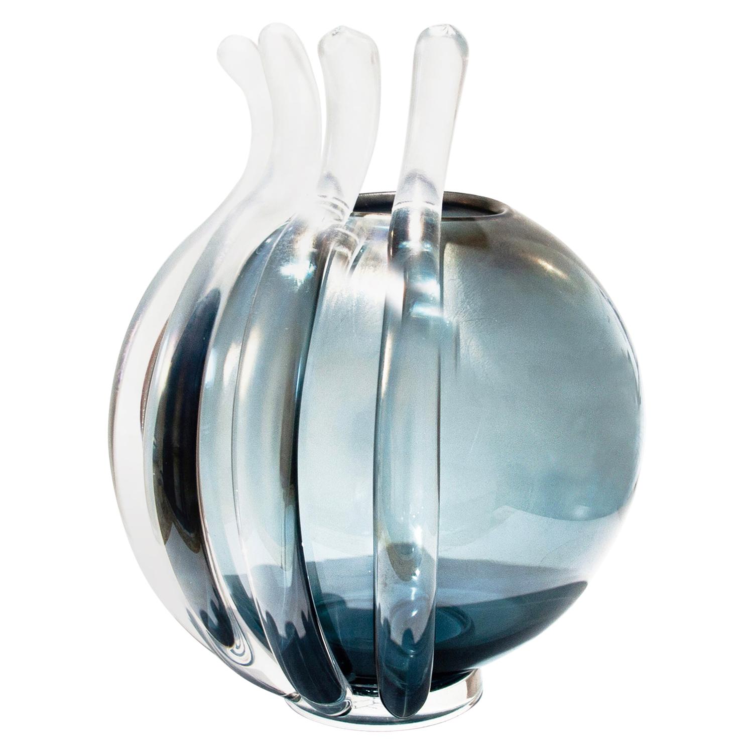 Unique Atlantico Contemporary Hand Blown Murano Glass Ocean Blue Vase by Ermes For Sale