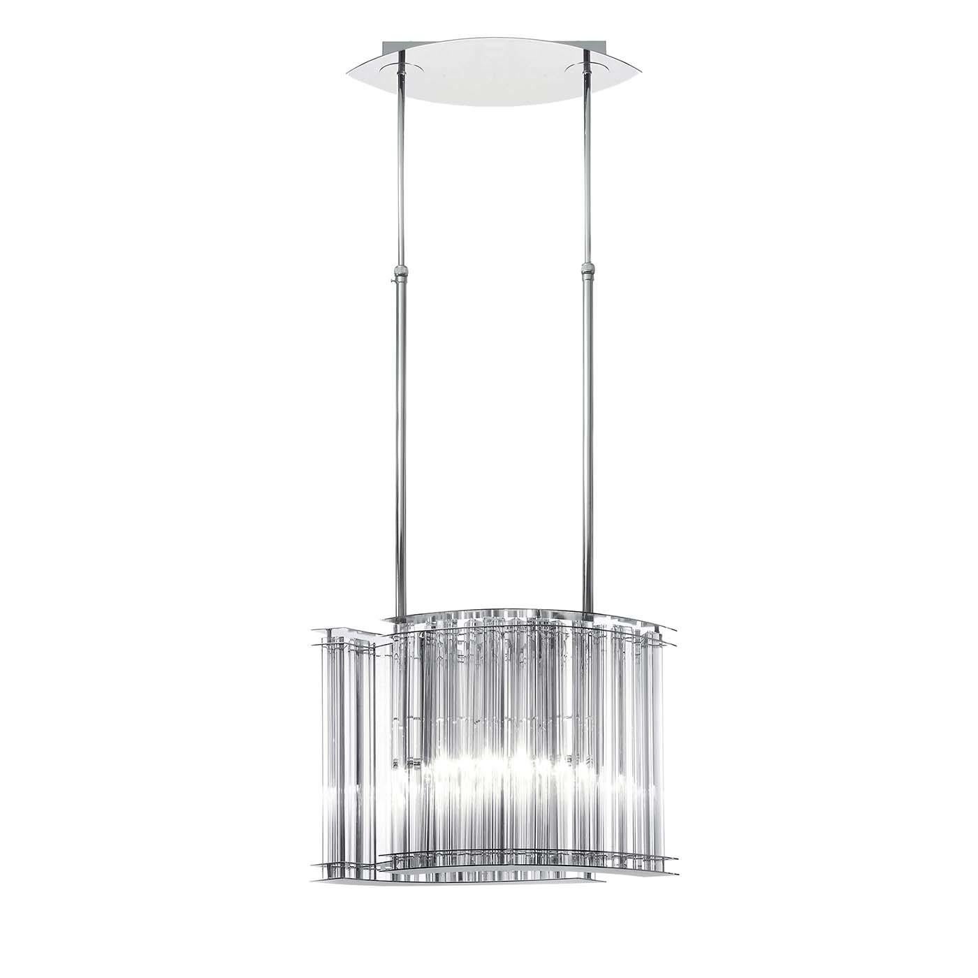 This stunning ceiling lamp boasts a silhouette crafted of metal with nickel finish hanging on two poles attached to the ceiling and comprising two curves that form an open elliptical shape. The two elements diffuse the light shining from inside,