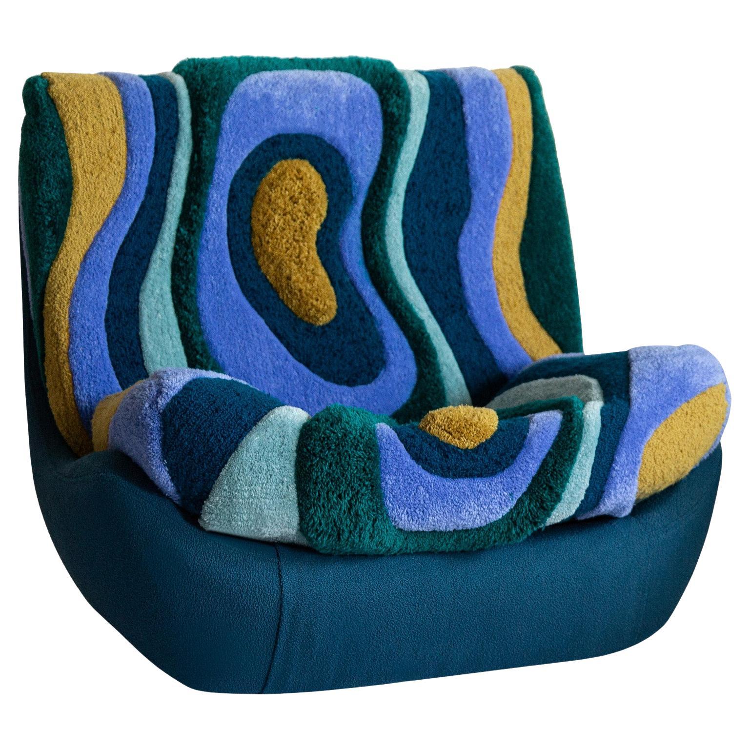 Atlantis Big Armchair by Vintola Studio in Green/Blue, Hand-tufted Wool Chair