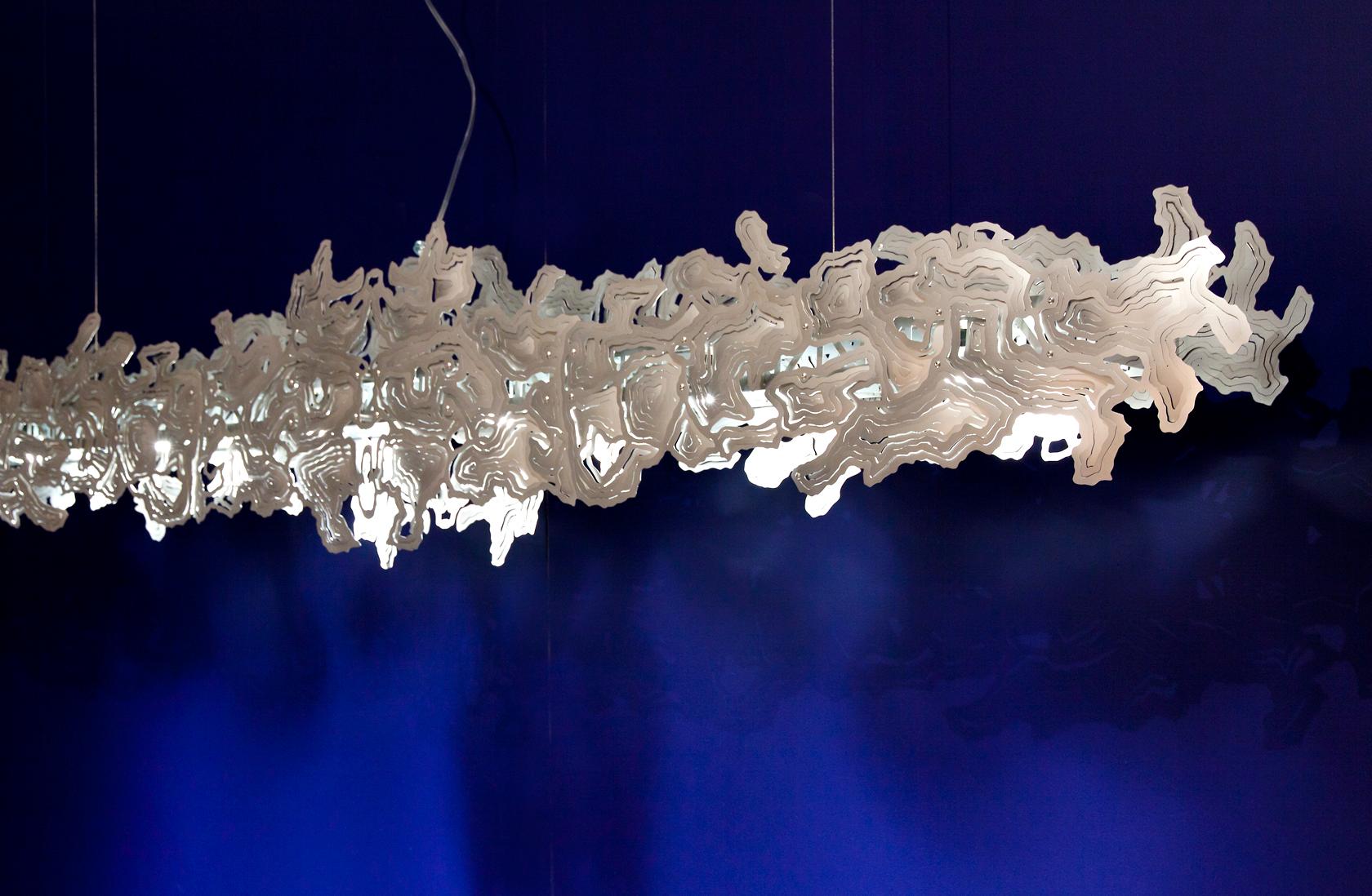 Frosted Atlas 74” Linear Chandelier in Stainless Steel by David D’Imperio For Sale