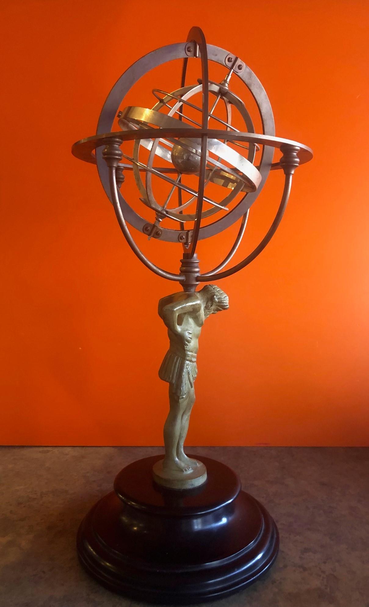 20th Century Atlas Armillary Sphere Statue on Black Marble Base