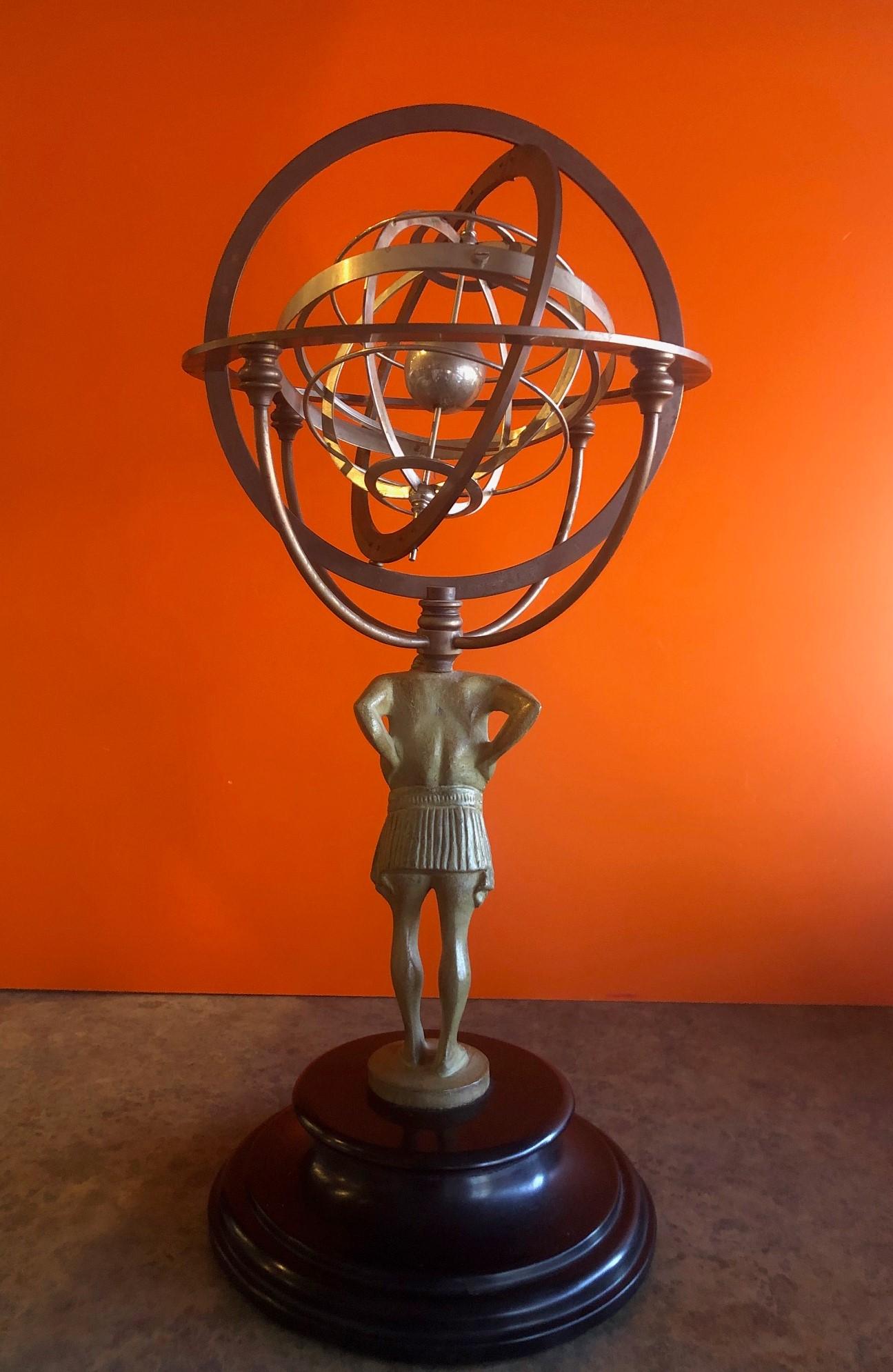 Metal Atlas Armillary Sphere Statue on Black Marble Base