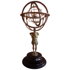 Vintage Atlas Armillary Sphere Statue on Black Marble Base