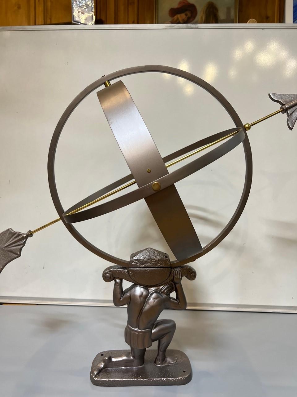 Contemporary Atlas Armillary Sundial in Pewter Finish with Brass Accents For Sale