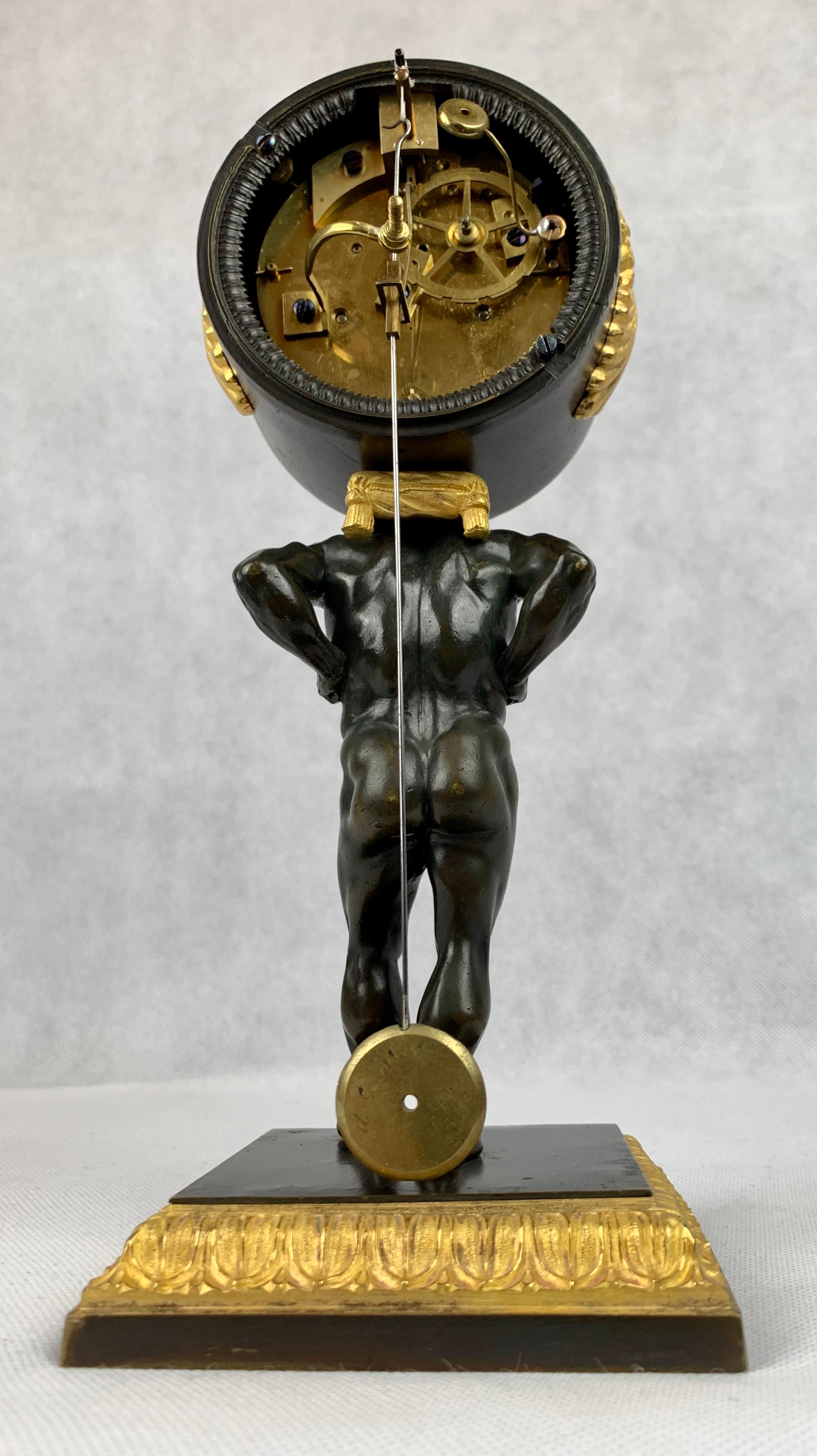 French Empire Bronze Doré and Patinated Clock Depicting Atlas-Early 19th Century For Sale 6