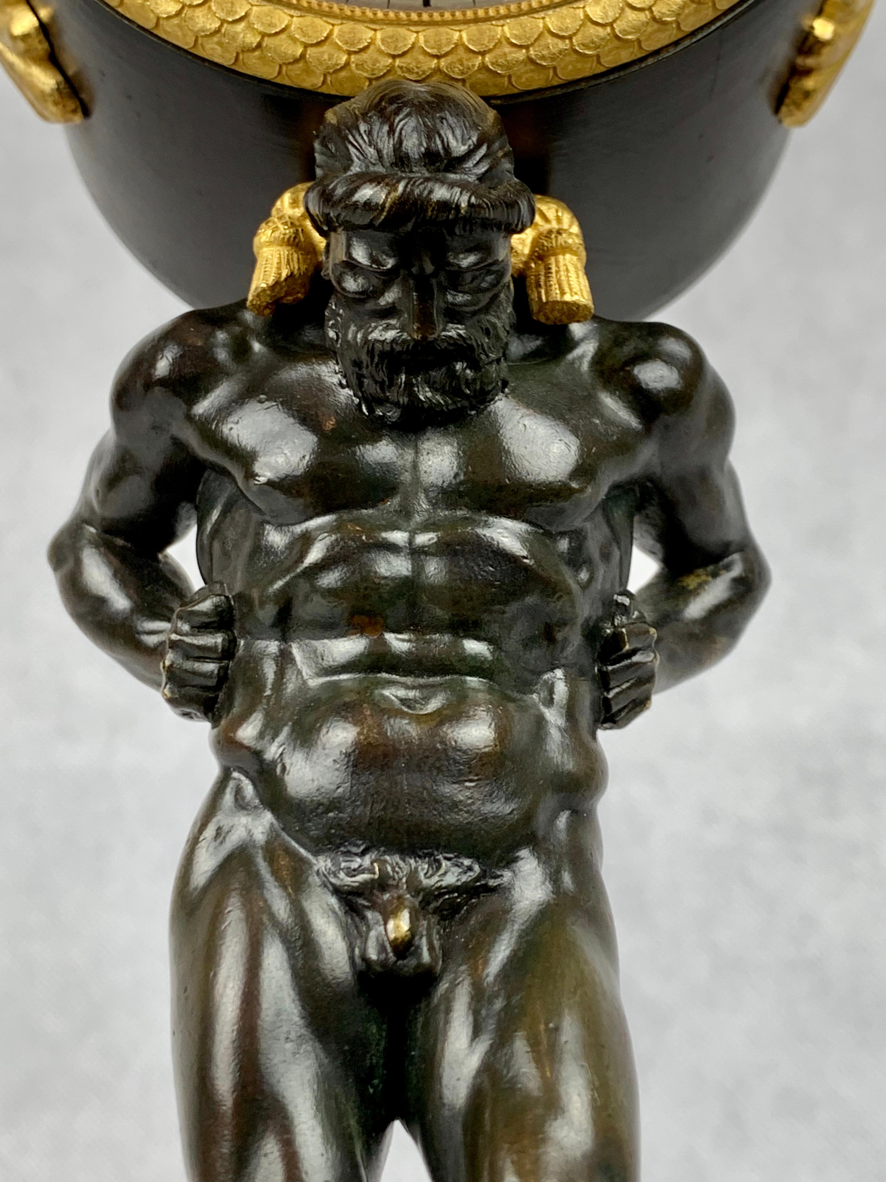 French Empire Bronze Doré and Patinated Clock Depicting Atlas-Early 19th Century For Sale 11