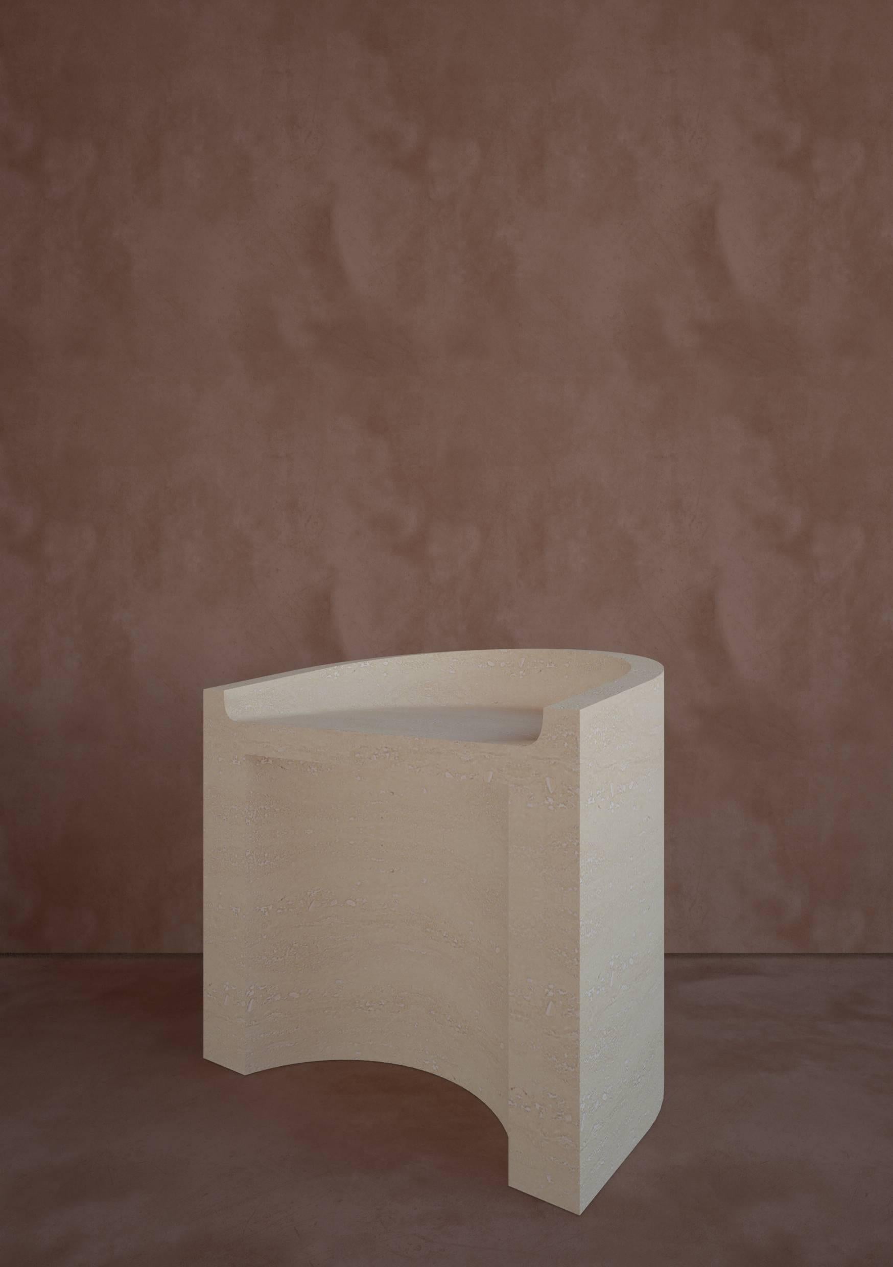 Atlas chair made by Valériane Lazard & Paul Brissonnet, is the first piece of their new collaboration. This minimal chair is made in Massangis stone (French quarry), a particular roc located in Massangis, France. 
In light beige, the Atlas Chair