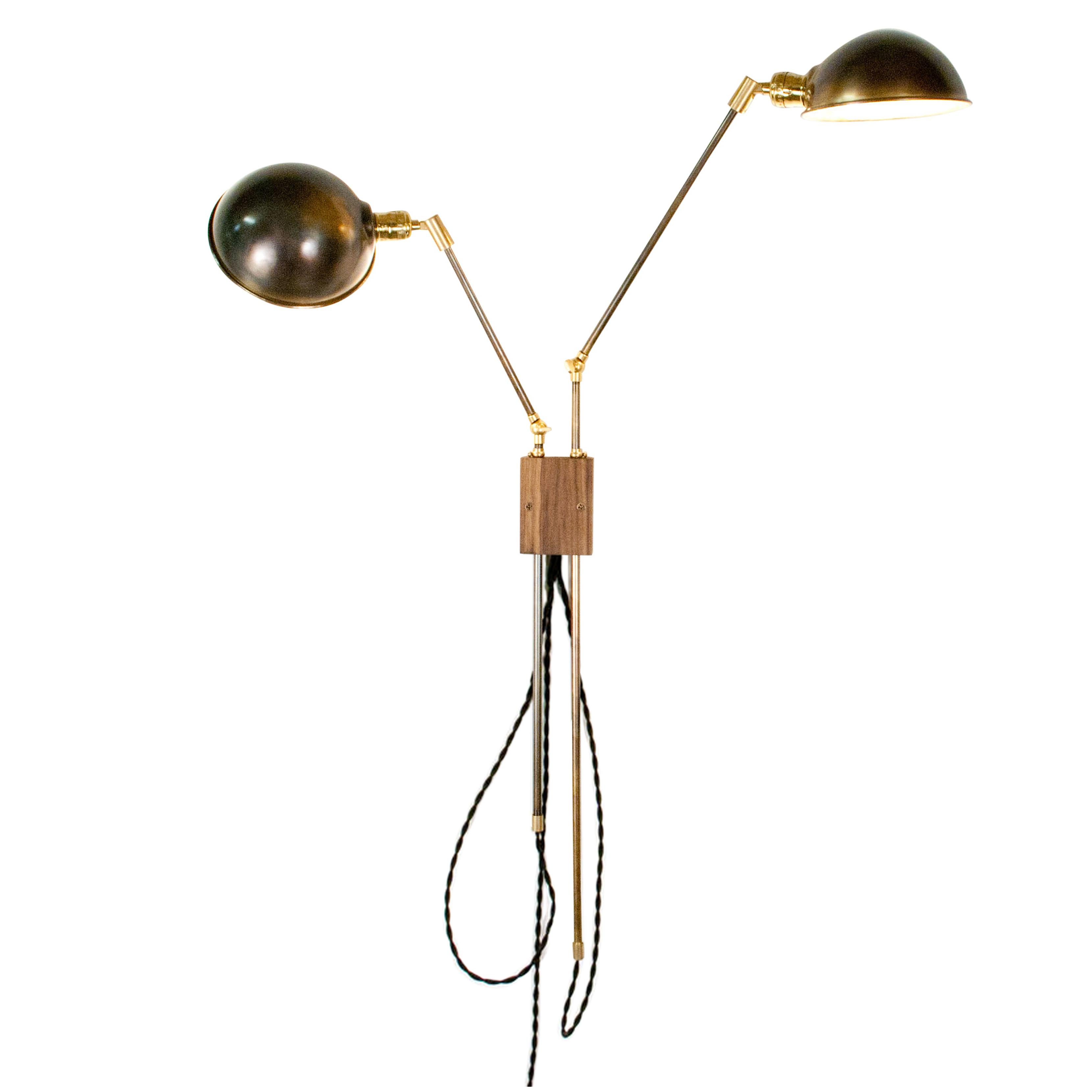 Atlas Double Wall Lamp Sconce in Brass and Walnut For Sale