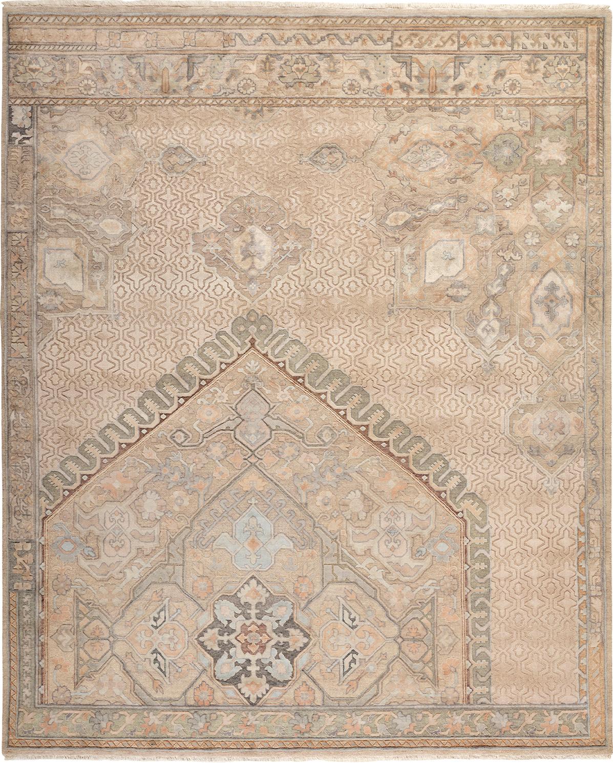 This Oushak is a very beautiful example of the masterful Turkish classical weaving.
Inspired by the Vagireh sampler, the design carries the sweet scent of
nostalgia with its ageless artistry and appeal.

Available in colors Aqua Rust and Grey Gold