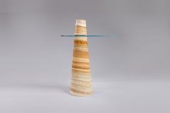 Cone-Shaped Honey Onyx Side Table with Round Clear Glass Top by RAFFINATO