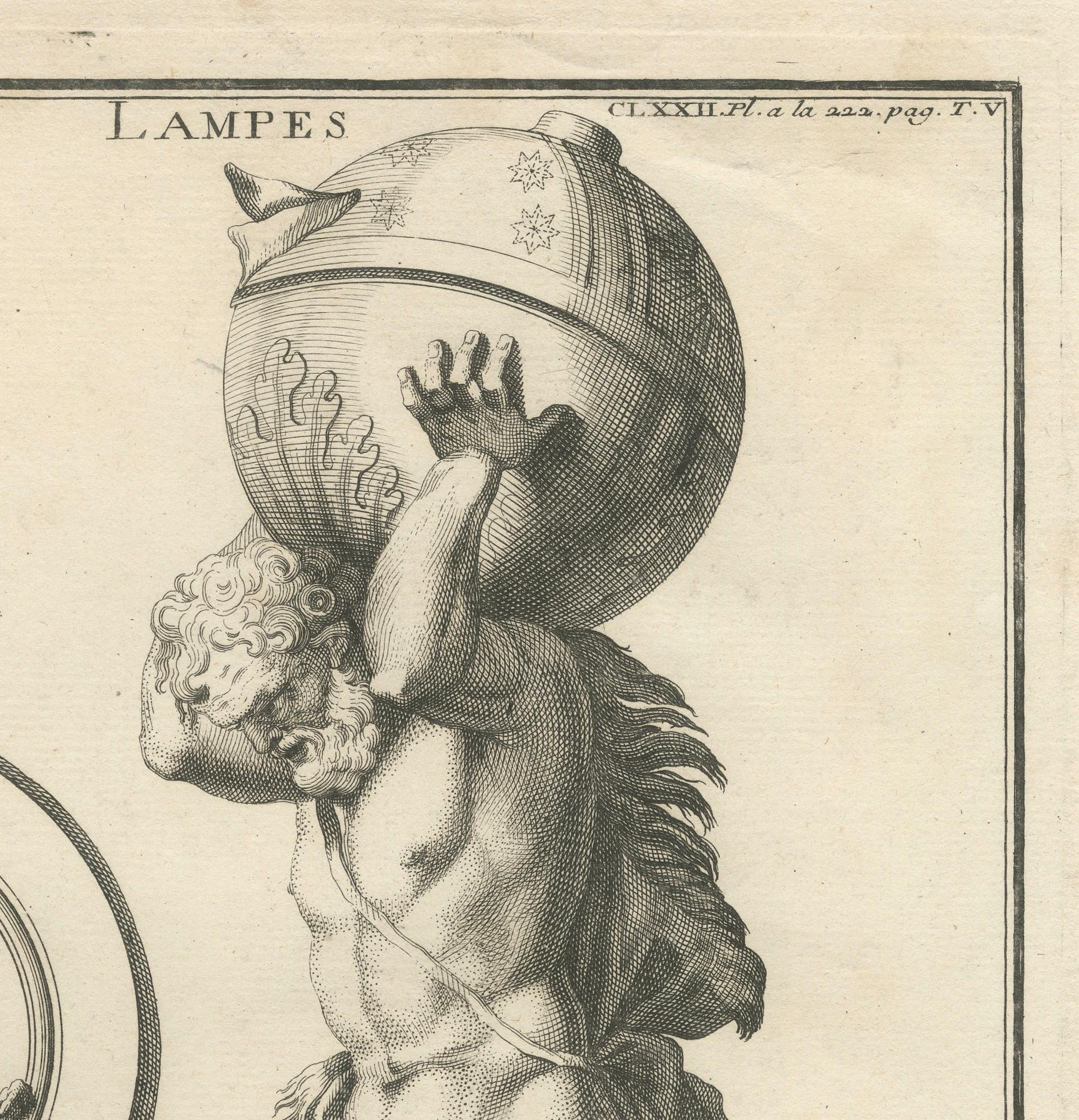 Early 18th Century Atlas Lamp Engraving: Strength and Mythology, 1722
