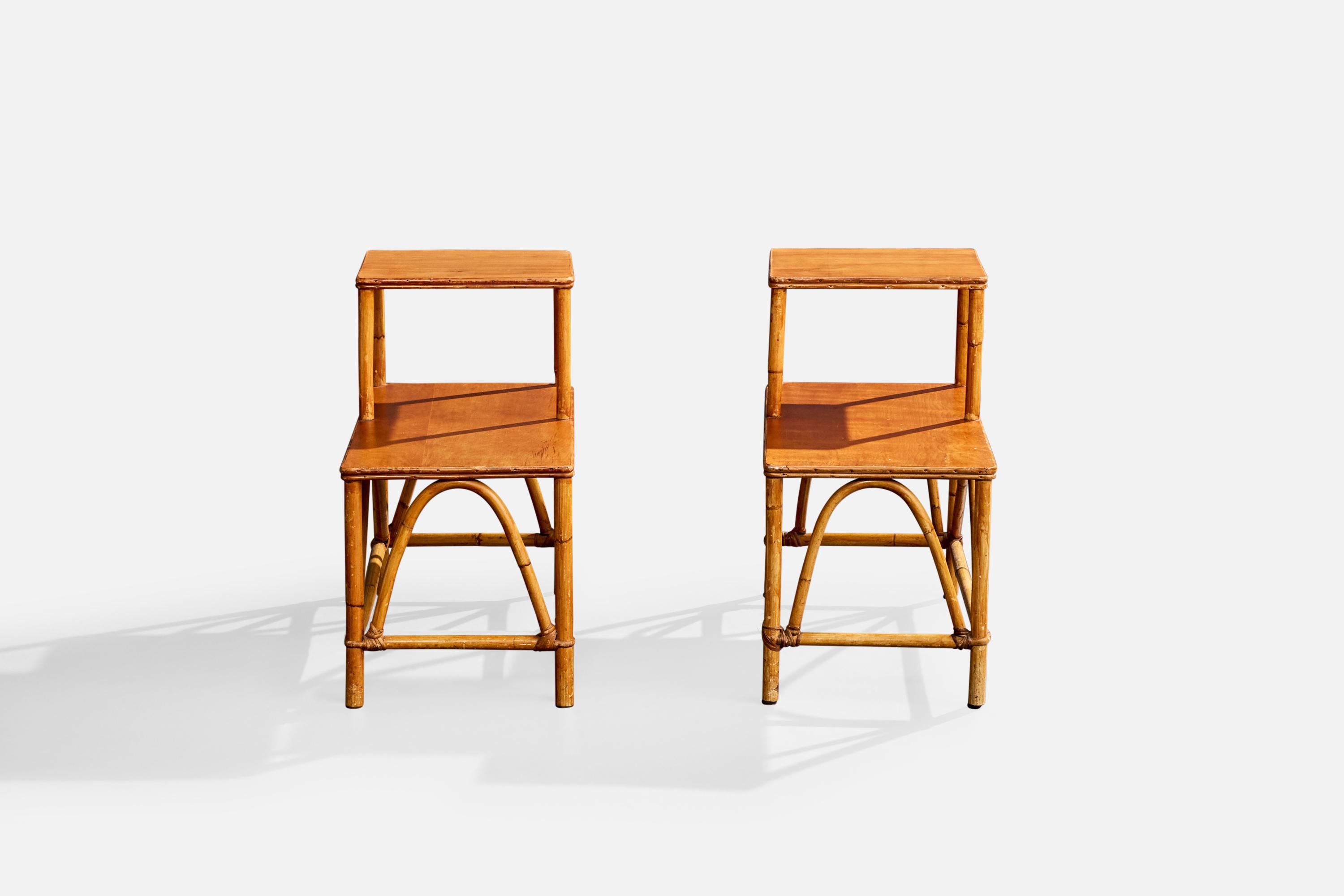 Mid-Century Modern Atlas Plywood Corp, tables d'appoint, bambou, rotin, érable, États-Unis, années 1950 en vente