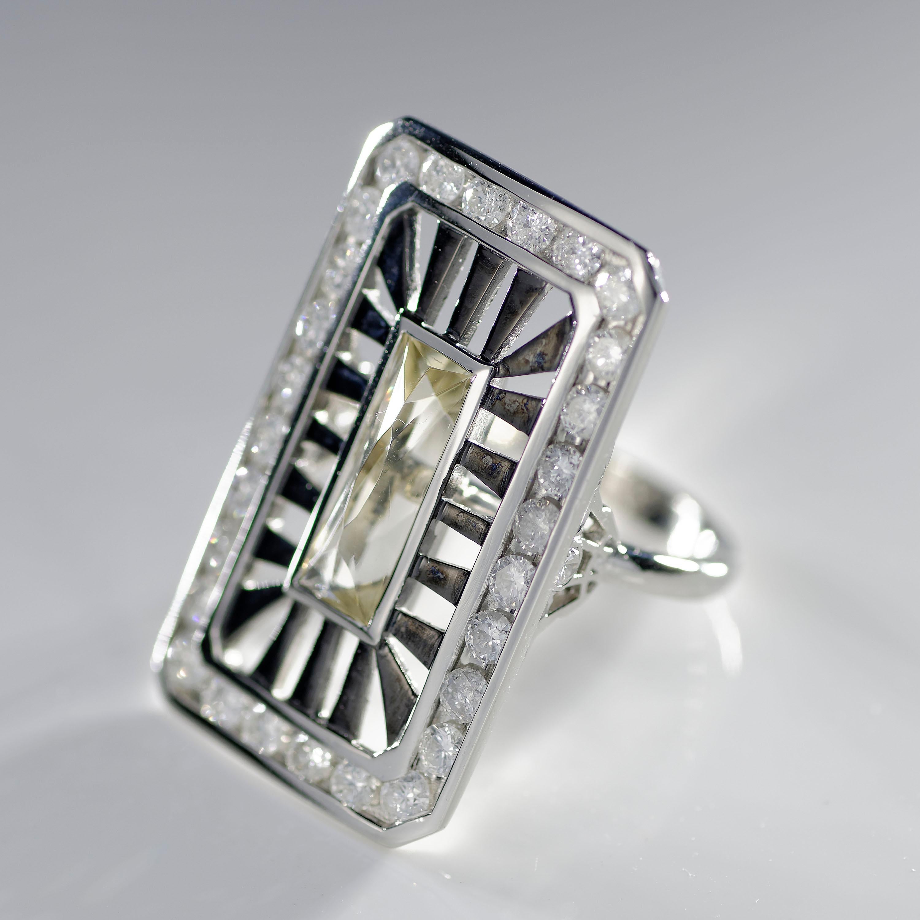 Brilliant Cut Platinum Sunstone Diamonds Art Deco Style Cocktail Ring Classic Geometric For Sale