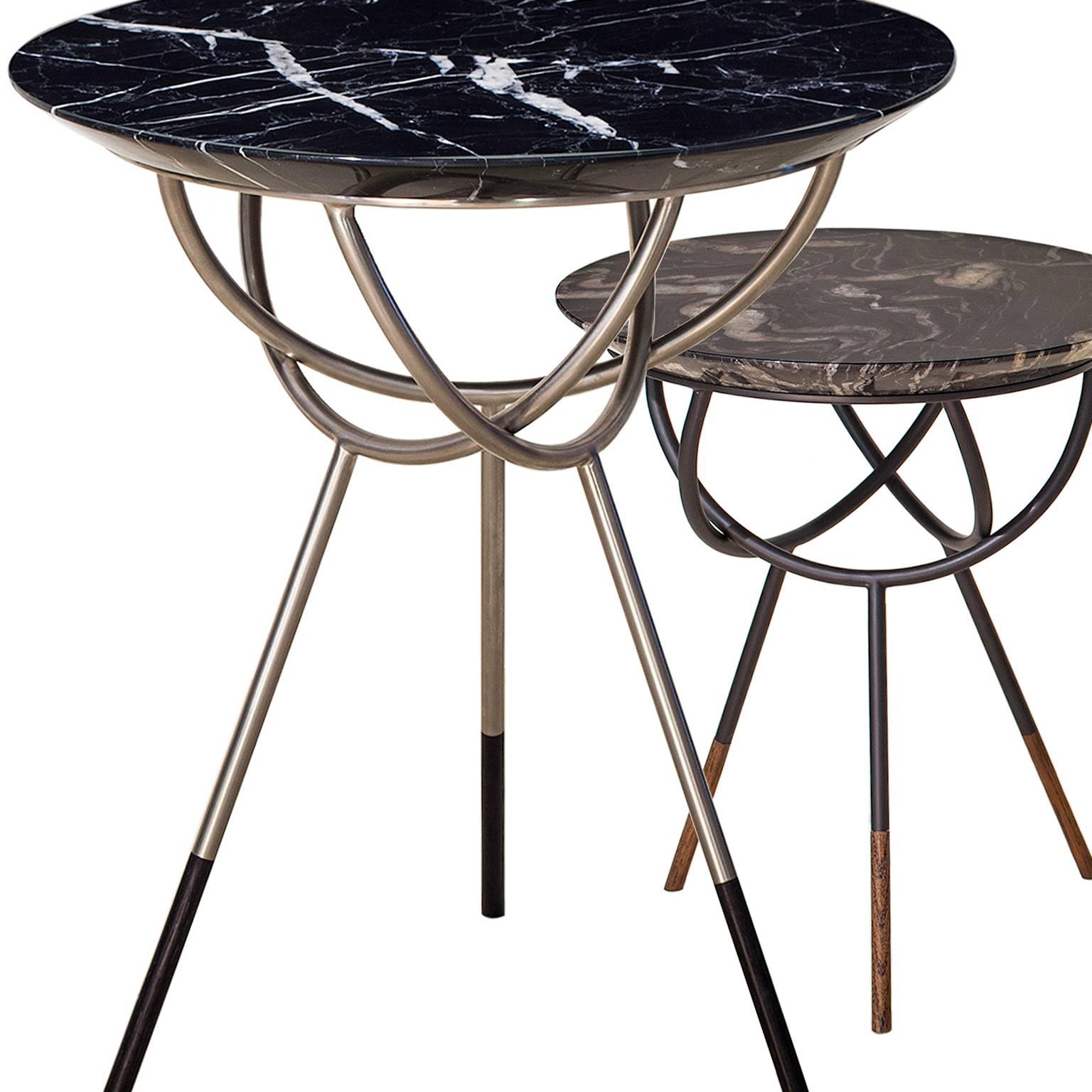 Modern Atlas Satin Nickel End Table with Black Marble Top by Avram Rusu Studio For Sale