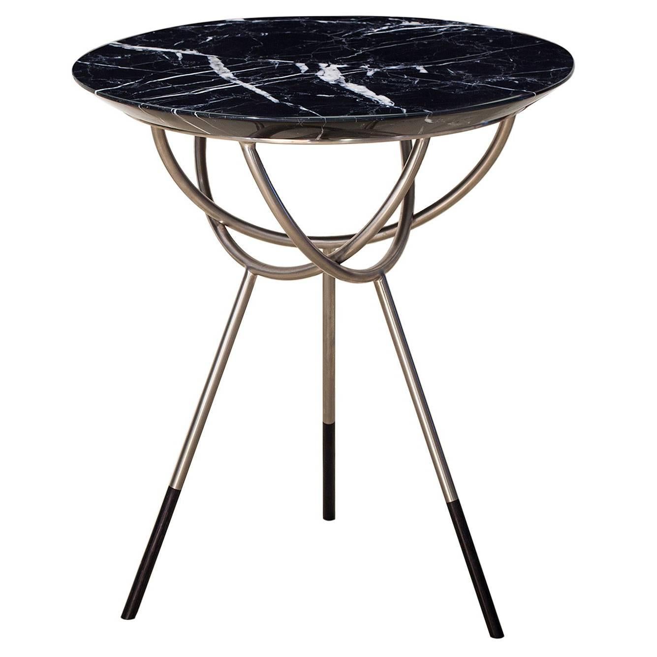 Atlas Satin Nickel Side Table with Black Marble Top by AVRAM RUSU STUDIO For Sale