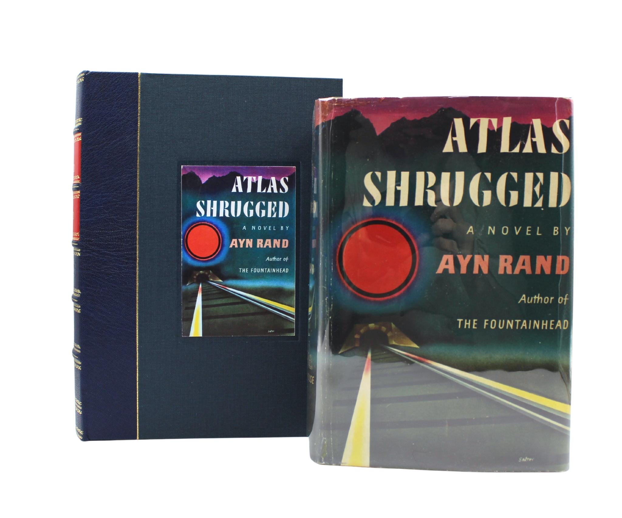 Rand, Ayn. Atlas Shrugged. New York : Random House, 1957. Première édition, première impression. Épais in-octavo. Dans la jaquette originale de la première édition de l'éditeur, planches en tissu vert, estampillées en noir et en doré, bord supérieur