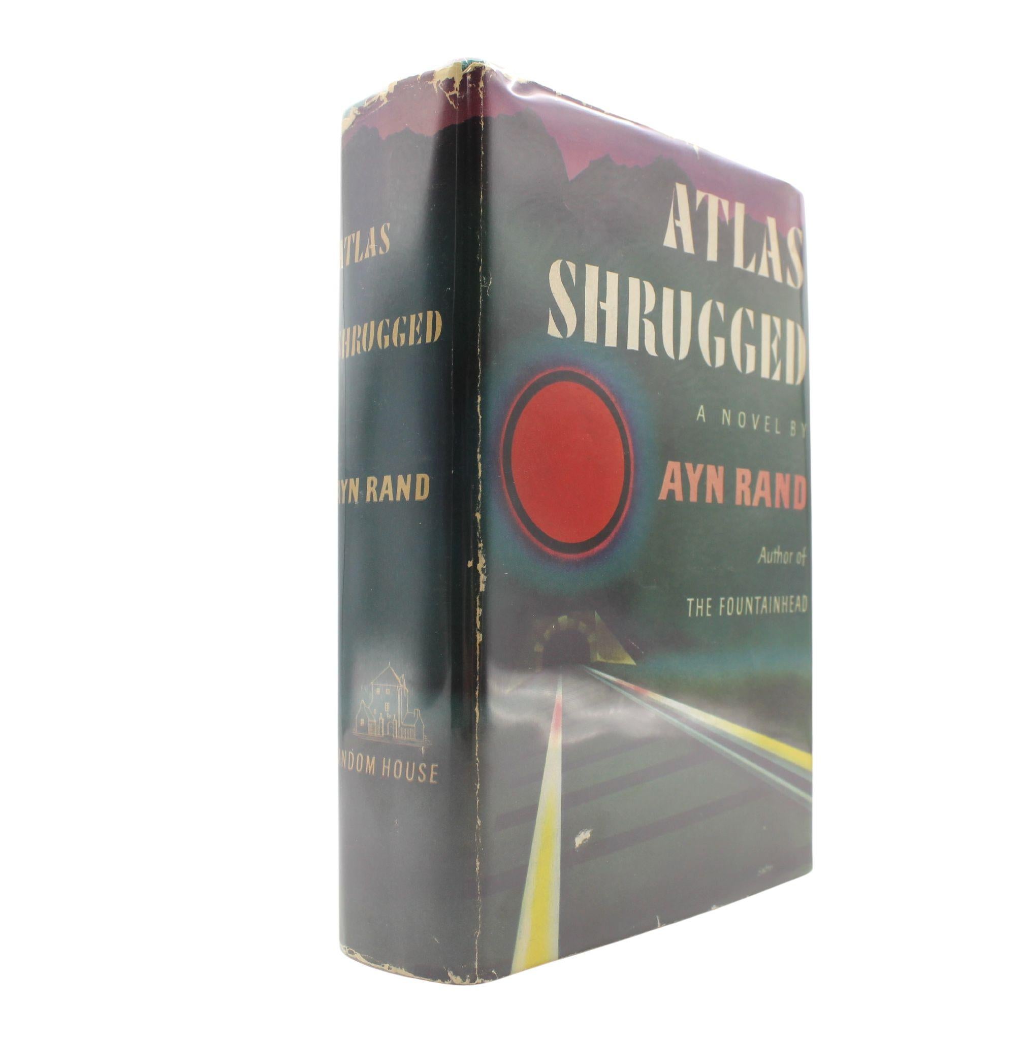 Rand, Ayn. Atlas Shrugged. New York: Random House, 1957. First edition, first impression. Octavo printing. In original publisher's green cloth hardcover boards and first edition, unclipped dust jacket. Presented with an archival 1/4 leather and