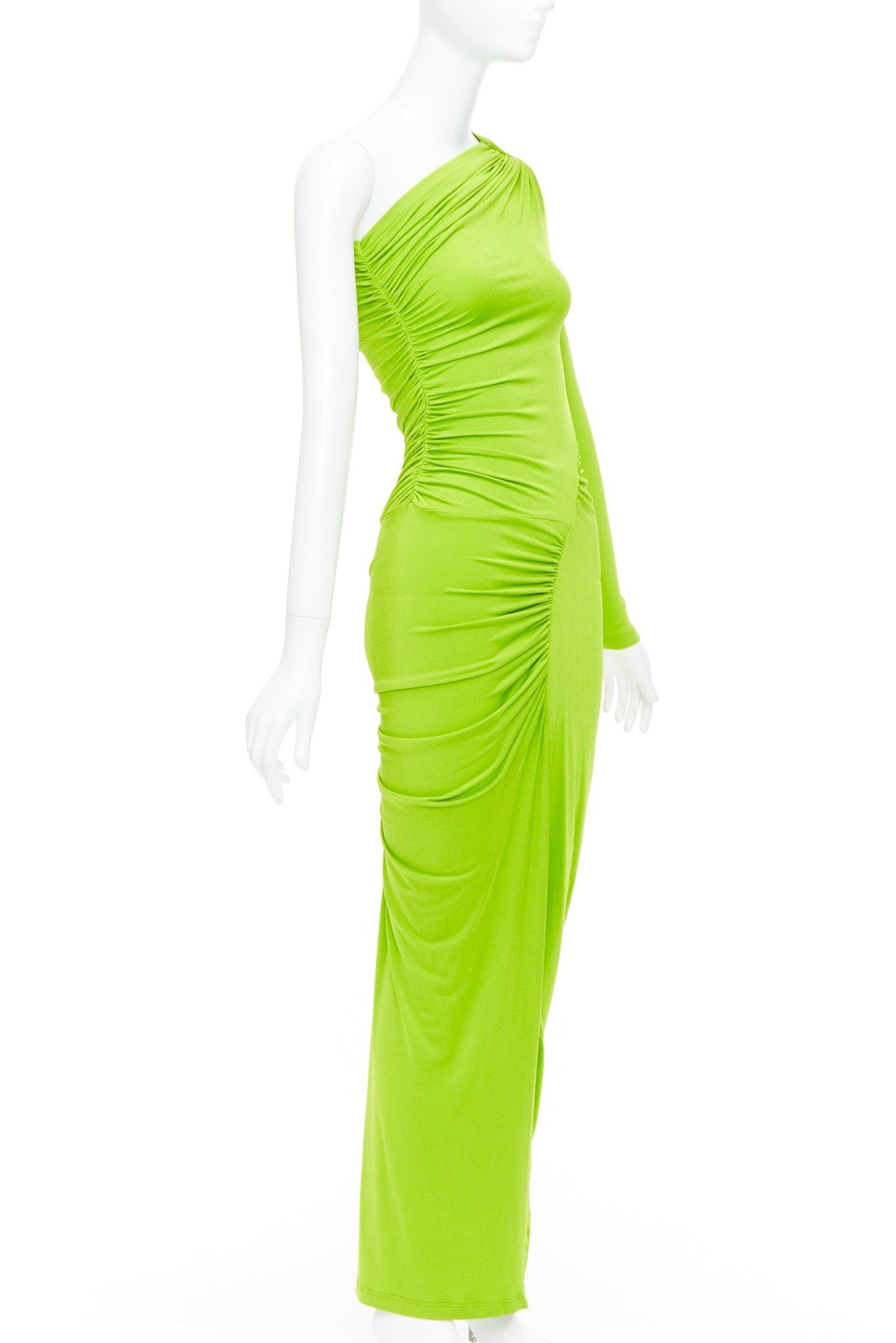 Yellow ATLEIN Runway green viscose ruched panels one sleeve dress FR34 XS For Sale