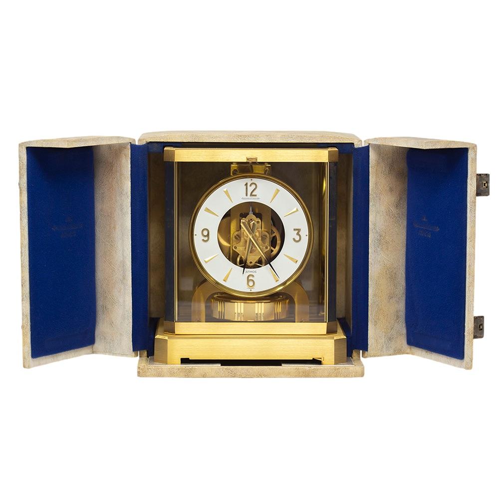Jaeger-LeCoultre Atmos clock. From our Atmos collection we offer an Atmos circular white dial in a brushed gold finish. Atmos reference number 321239 dating the clock to circa 1960. As with all our Atmos clocks it has been completely stripped down,