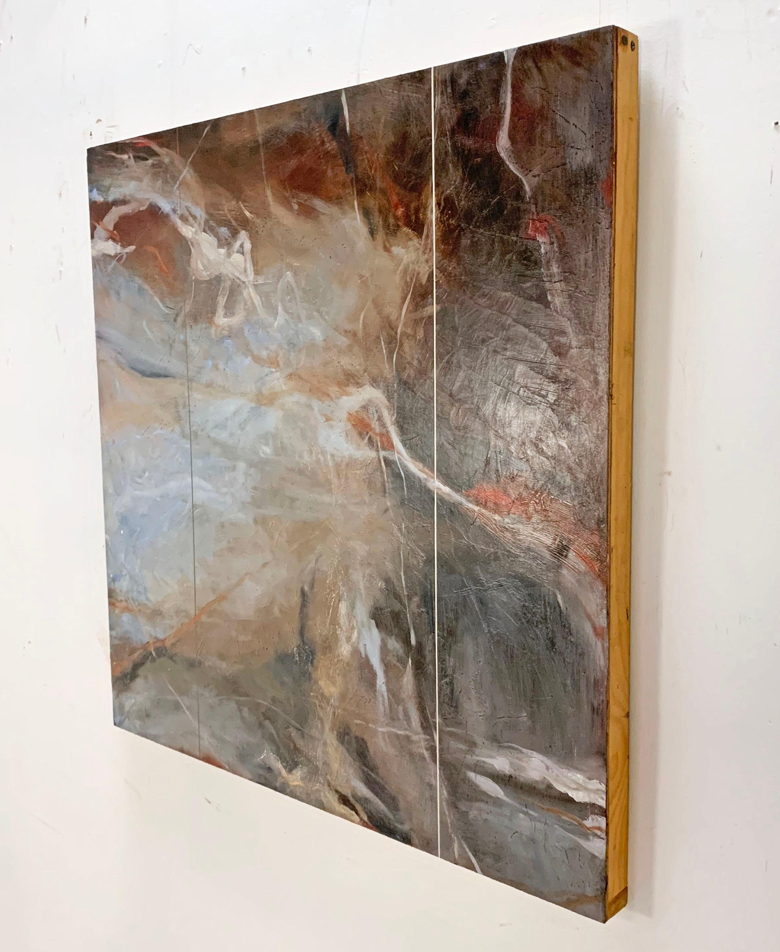 Atmospheric faux-triptych Postmodern abstract painting by noted Massachusetts artist Judith Solomon dated 1998. There is an almost romantic appeal to this work, reminiscent of the storm paintings of English artist J.M.W. Turner, which this painting