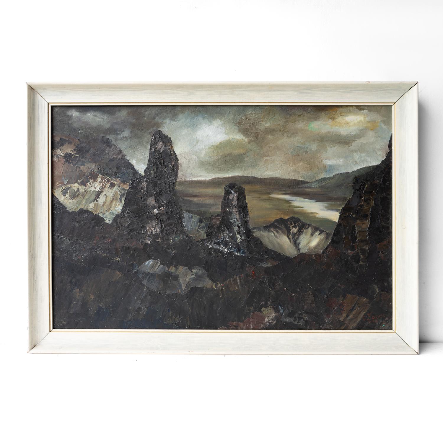 MID-CENTURY OIL ON CANVAS PAINTING 
Depicting a view from an unforgiving rocky outcrop with jagged rocks looking down onto a calmer valley with a river below.

Painted in a very atmospheric almost abstract style capturing plenty of feeling in the