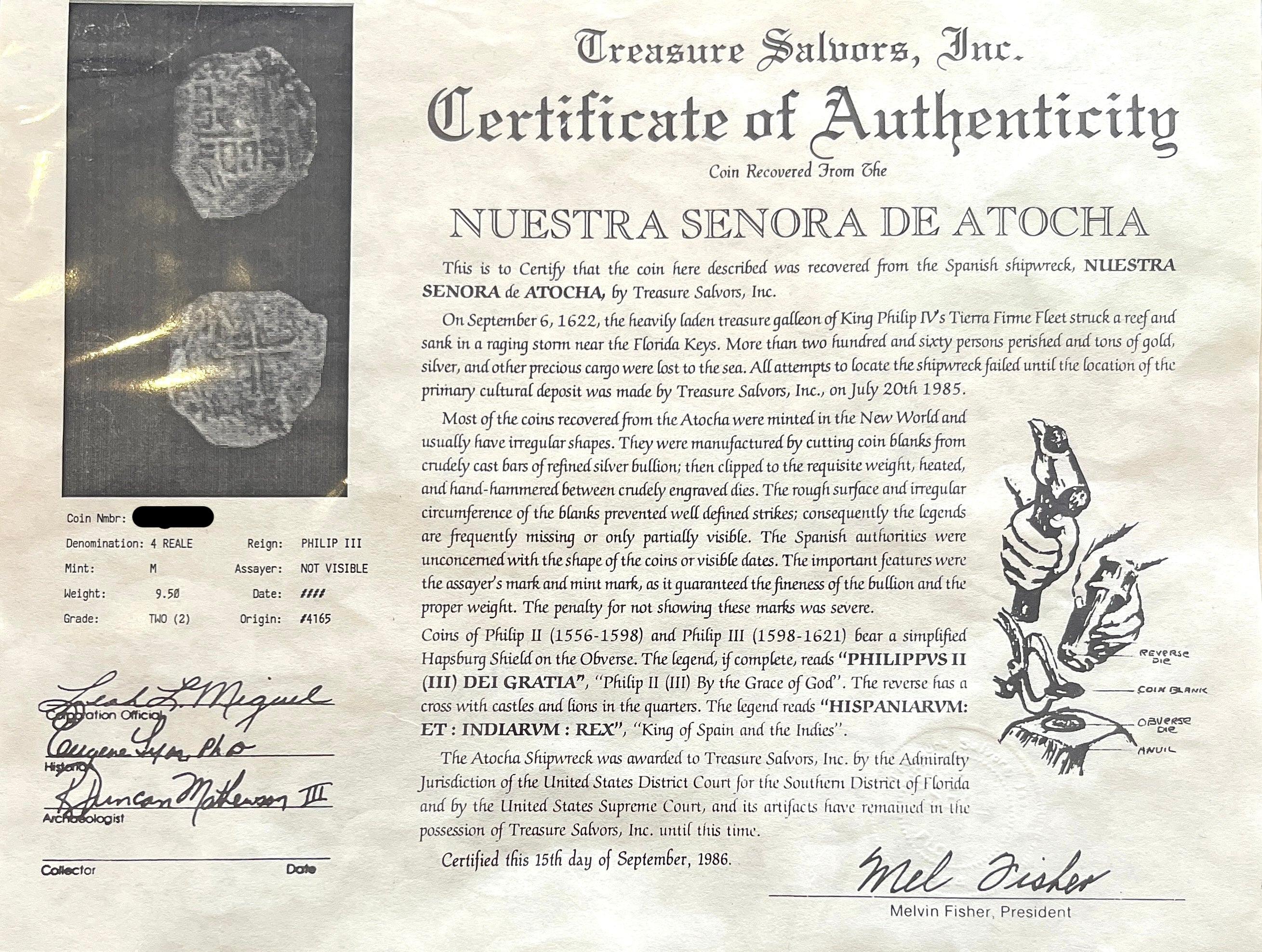 Atocha Shipwreck 4 Reale Grade 2, pièce de monnaie mexicaine et pendentif en or en vente 1