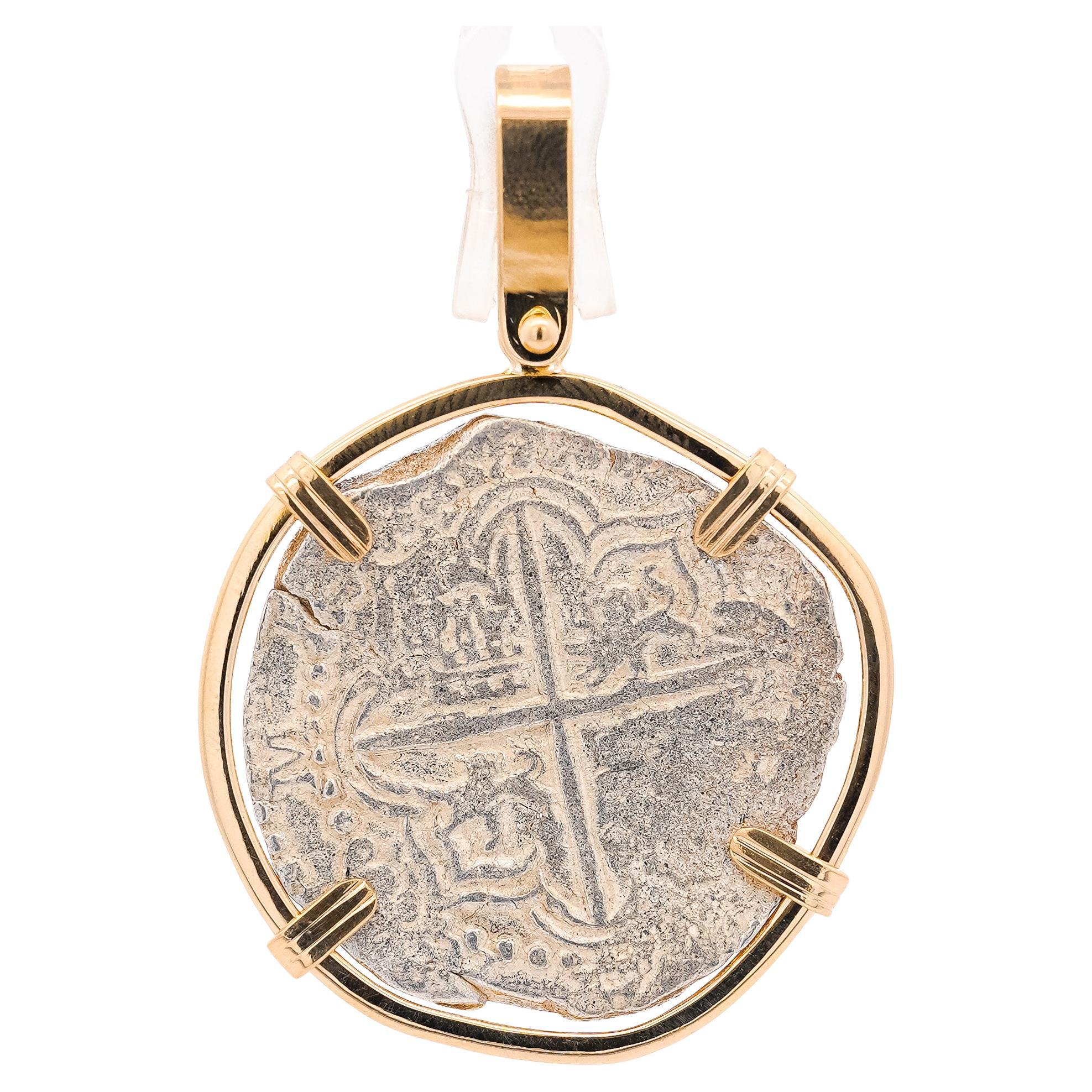 Atocha Shipwreck 4 Reale Grade 2 Potosi Mint Coin et pendentif en or 14 carats