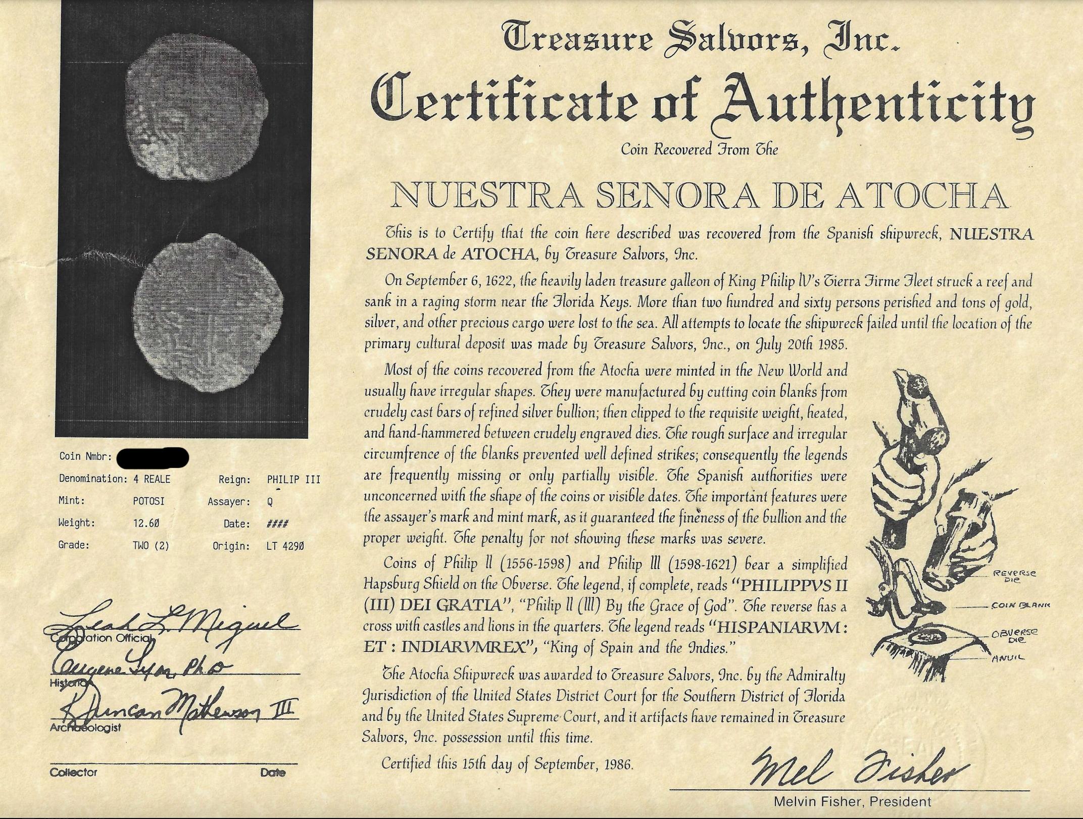 Atocha Shipwreck 4 Reale Grade 2 Potosi Mint Coin et pendentif en or 14 carats en vente 7