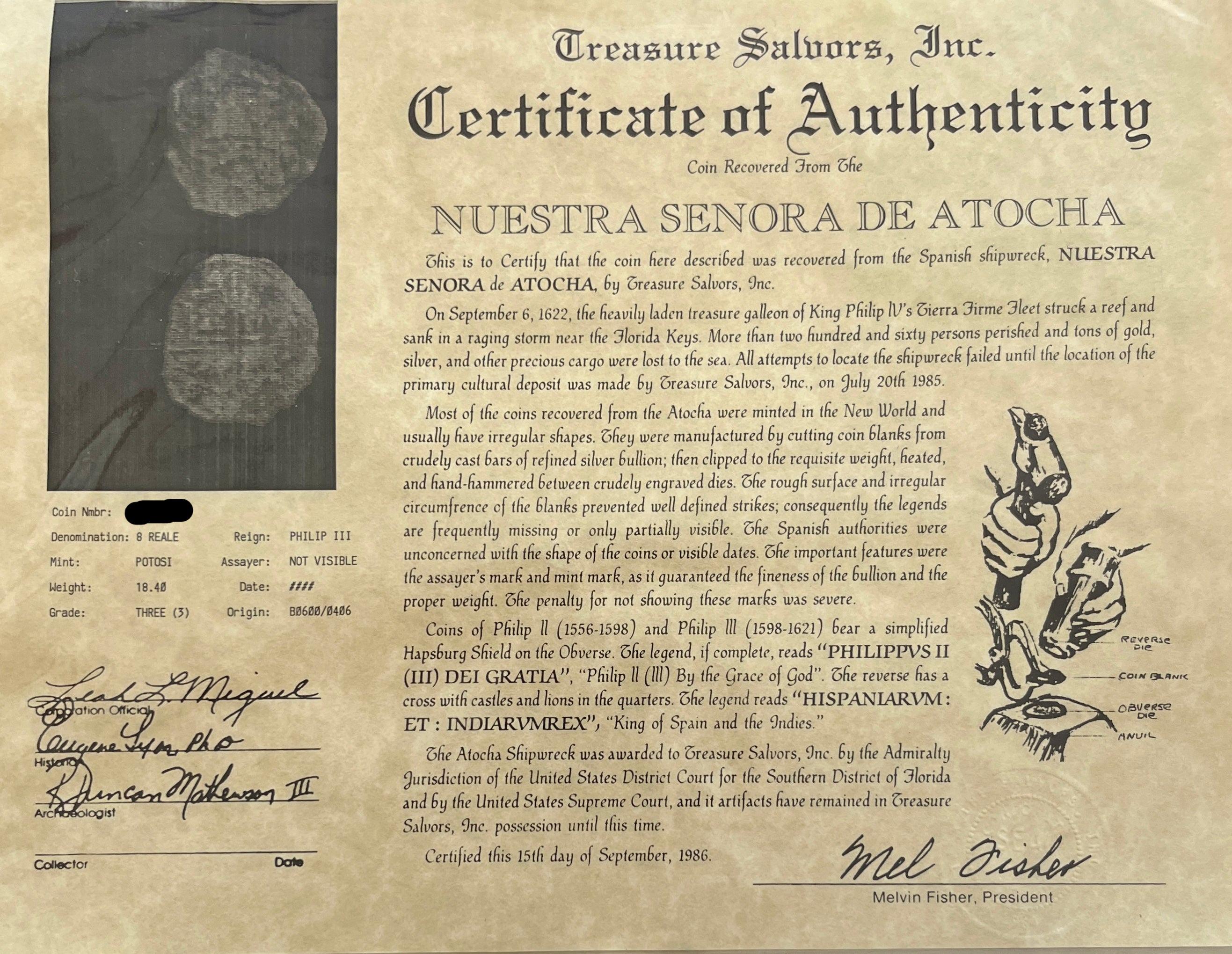Women's or Men's Atocha Shipwreck 8 Reale Grade 3 Potosi Mint Coin and Gold Pendant For Sale