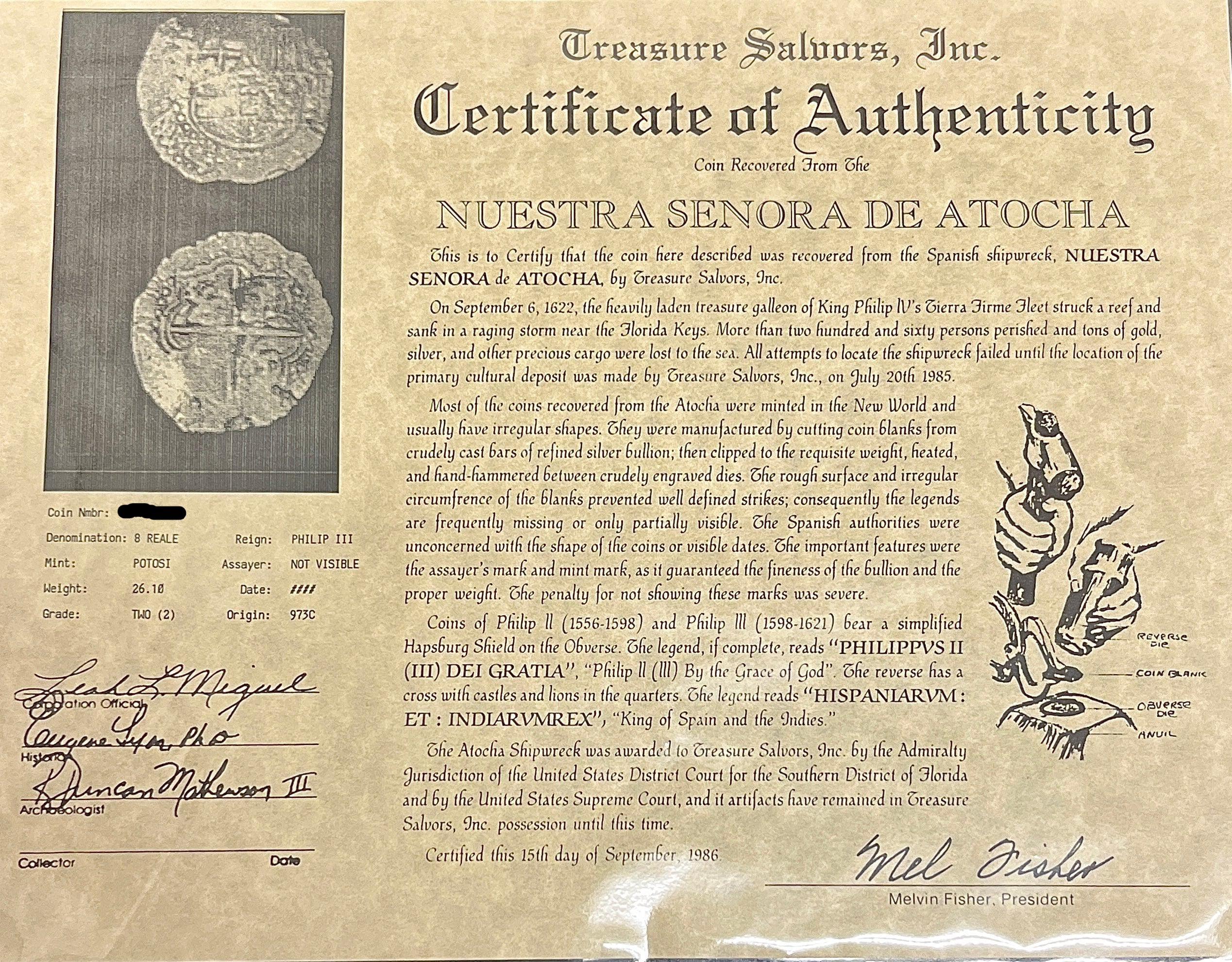 Atocha Shipwreck 8 Reale Grade 2 Potosi Mint Coin and Gold Pendant For Sale 1