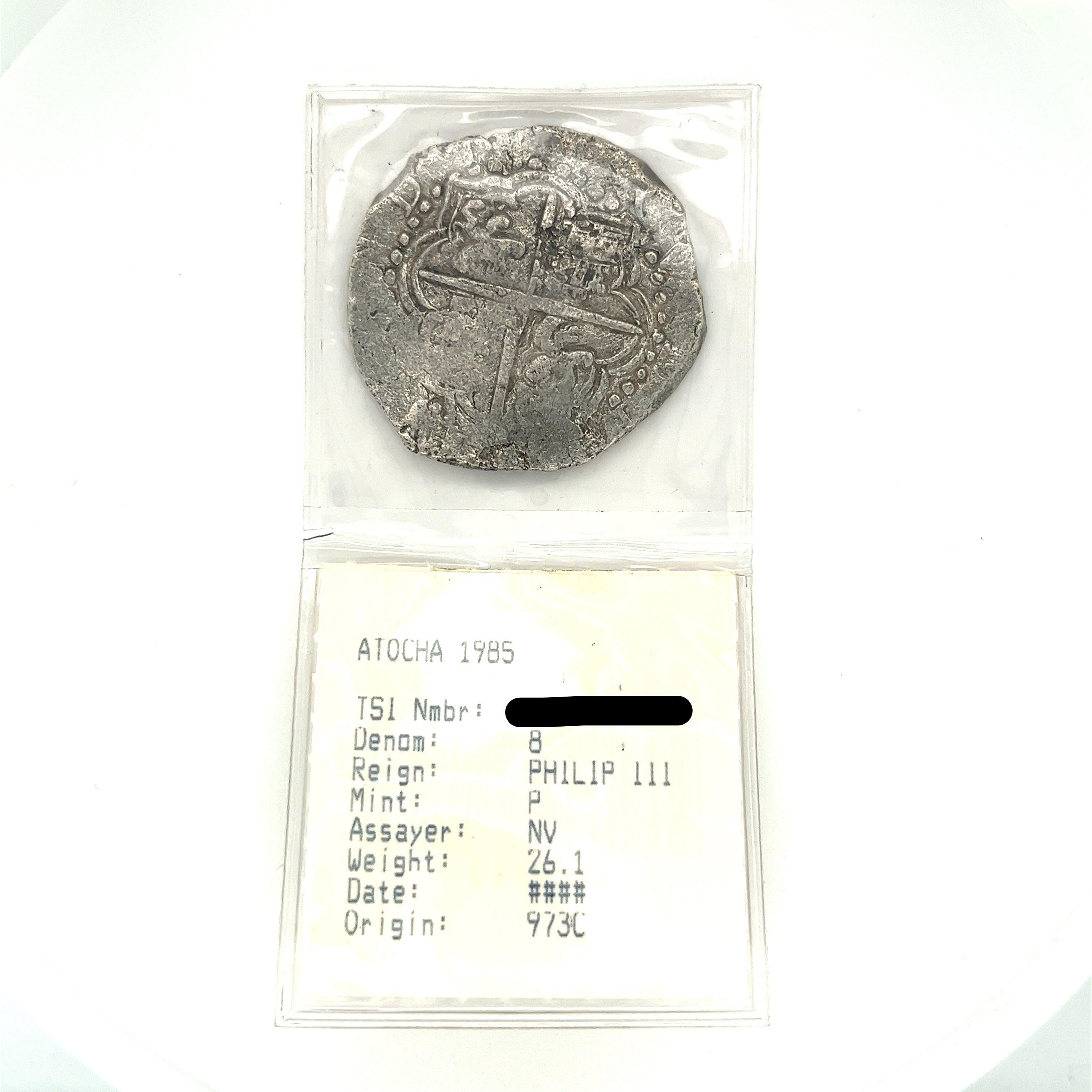 Atocha Shipwreck 8 Reale Grade 2 Potosi Mint Coin and Gold Pendant For Sale 2