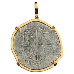 Antique Atocha Shipwreck 8 Reale Grade 2 Potosi Mint Coin and Gold Pendant