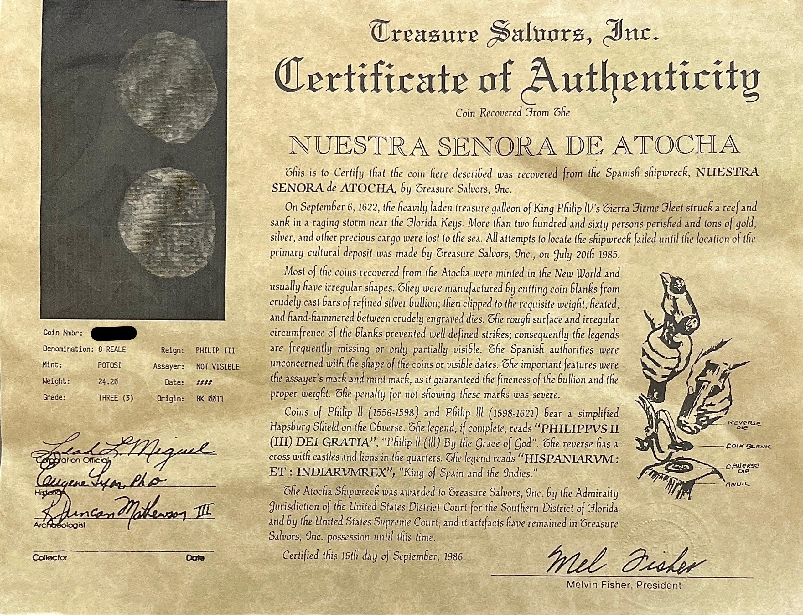Atocha Shipwreck 8 Reale Grade 3 Potosi Mint Coin and Gold Pendant For Sale 2