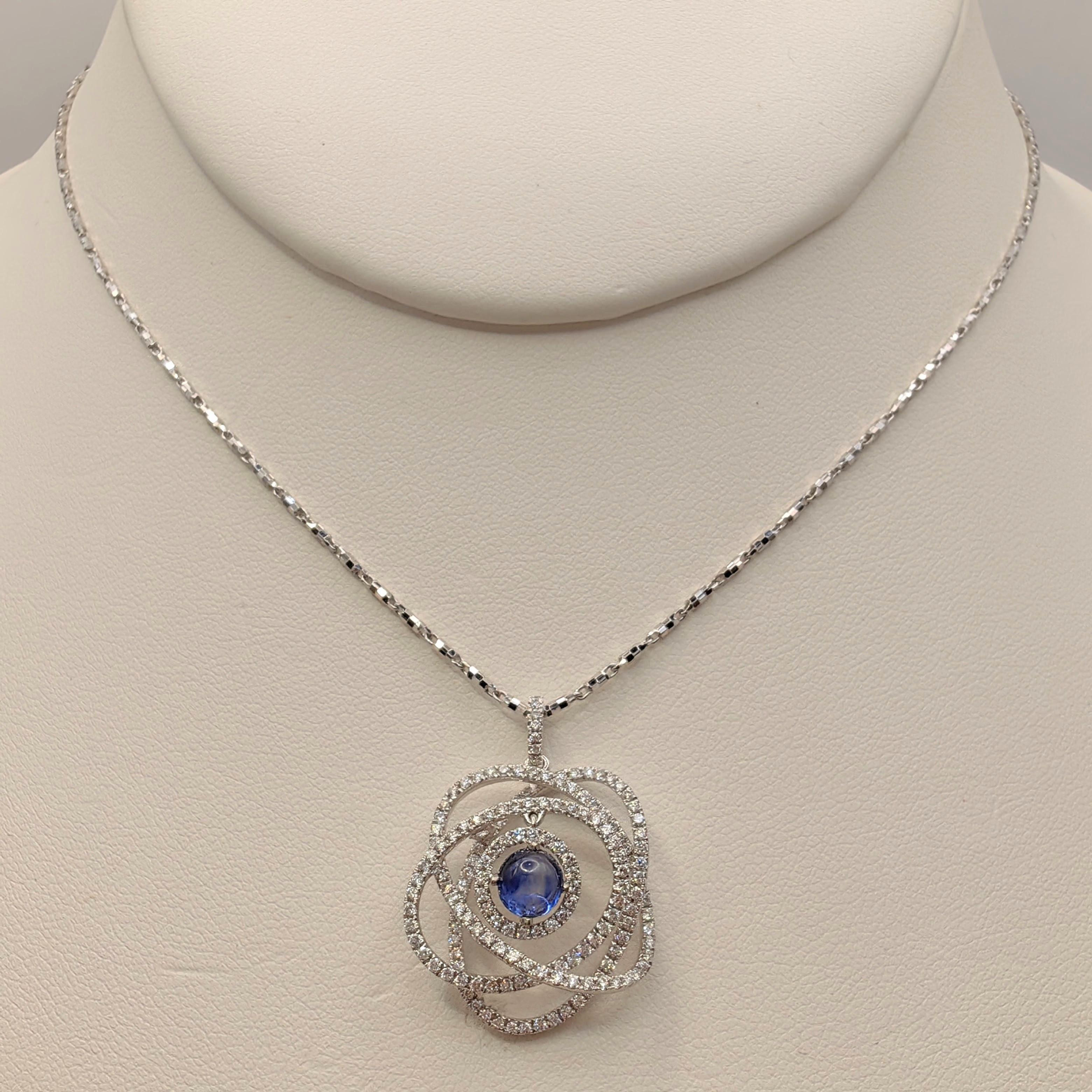 Contemporary Atom / Whirling Galaxy Cabochon Blue Sapphire Diamond Pendant in 18k White Gold For Sale