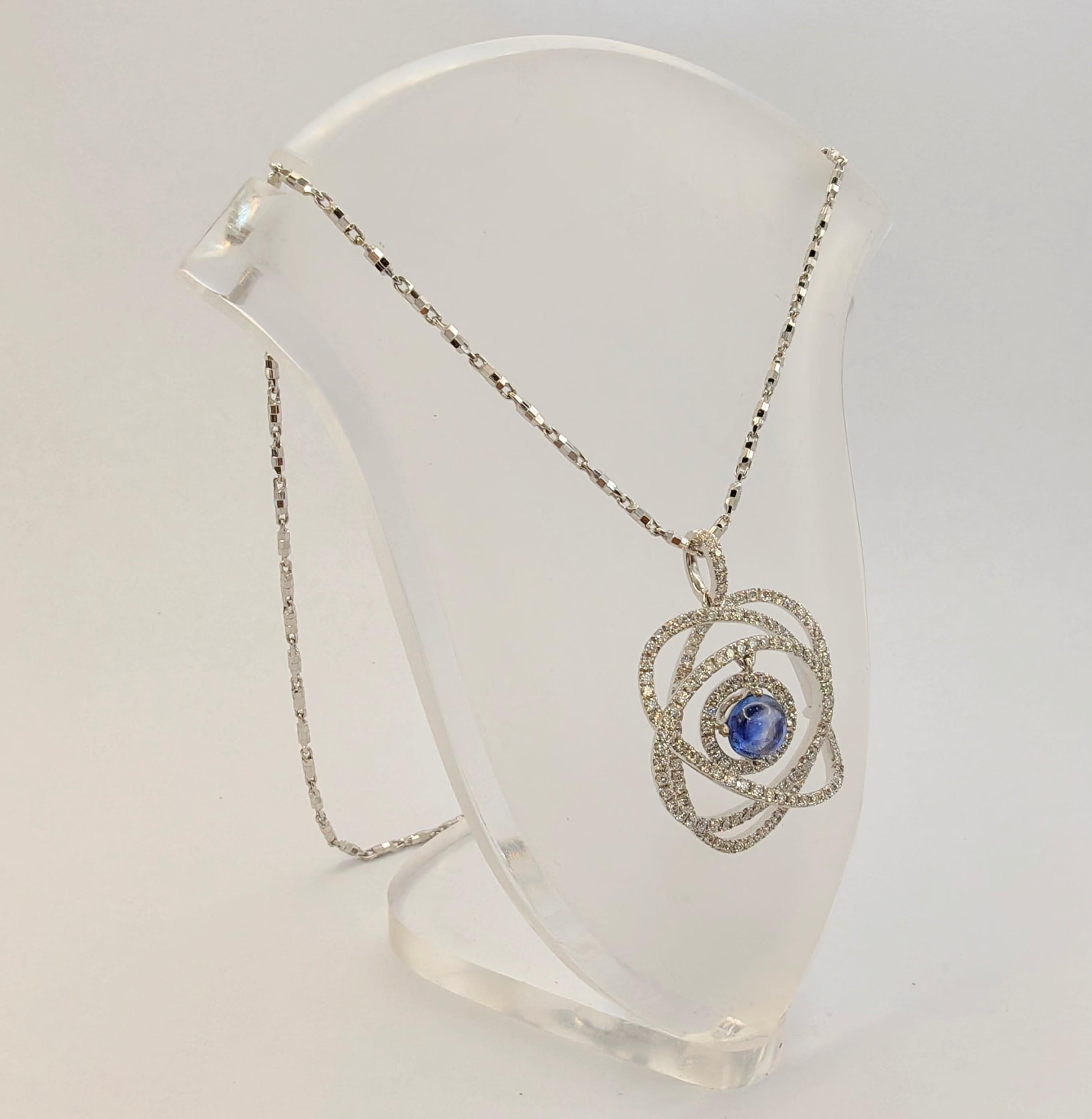 Atom / Whirling Galaxy Cabochon Blue Sapphire Diamond Pendant in 18k White Gold In New Condition For Sale In Wan Chai District, HK