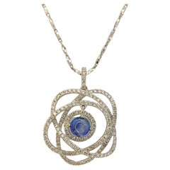 Atom / Whirling Galaxy Cabochon Blue Sapphire Diamond Pendant in 18k White Gold