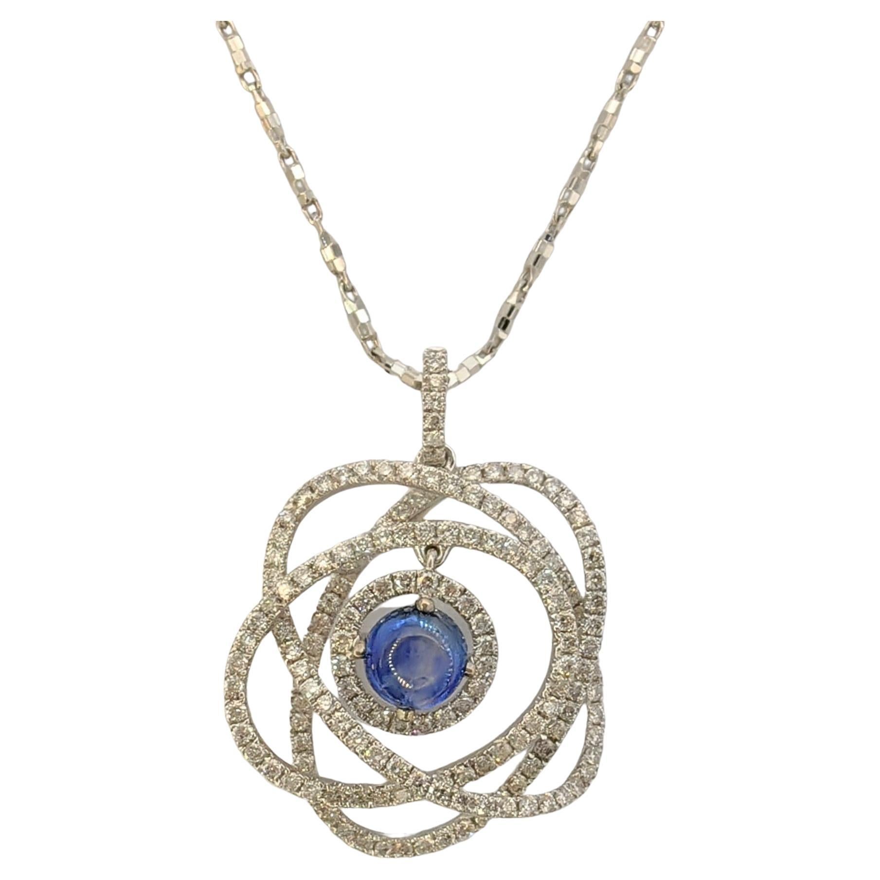 Atom / Whirling Galaxy Cabochon Blue Sapphire Diamond Pendant in 18k White Gold For Sale