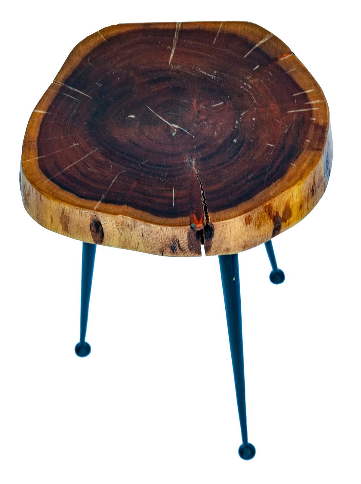 Atomic Age Industrial 3 Legged Table/ Rustic Wood Top  In Good Condition For Sale In Malibu, CA