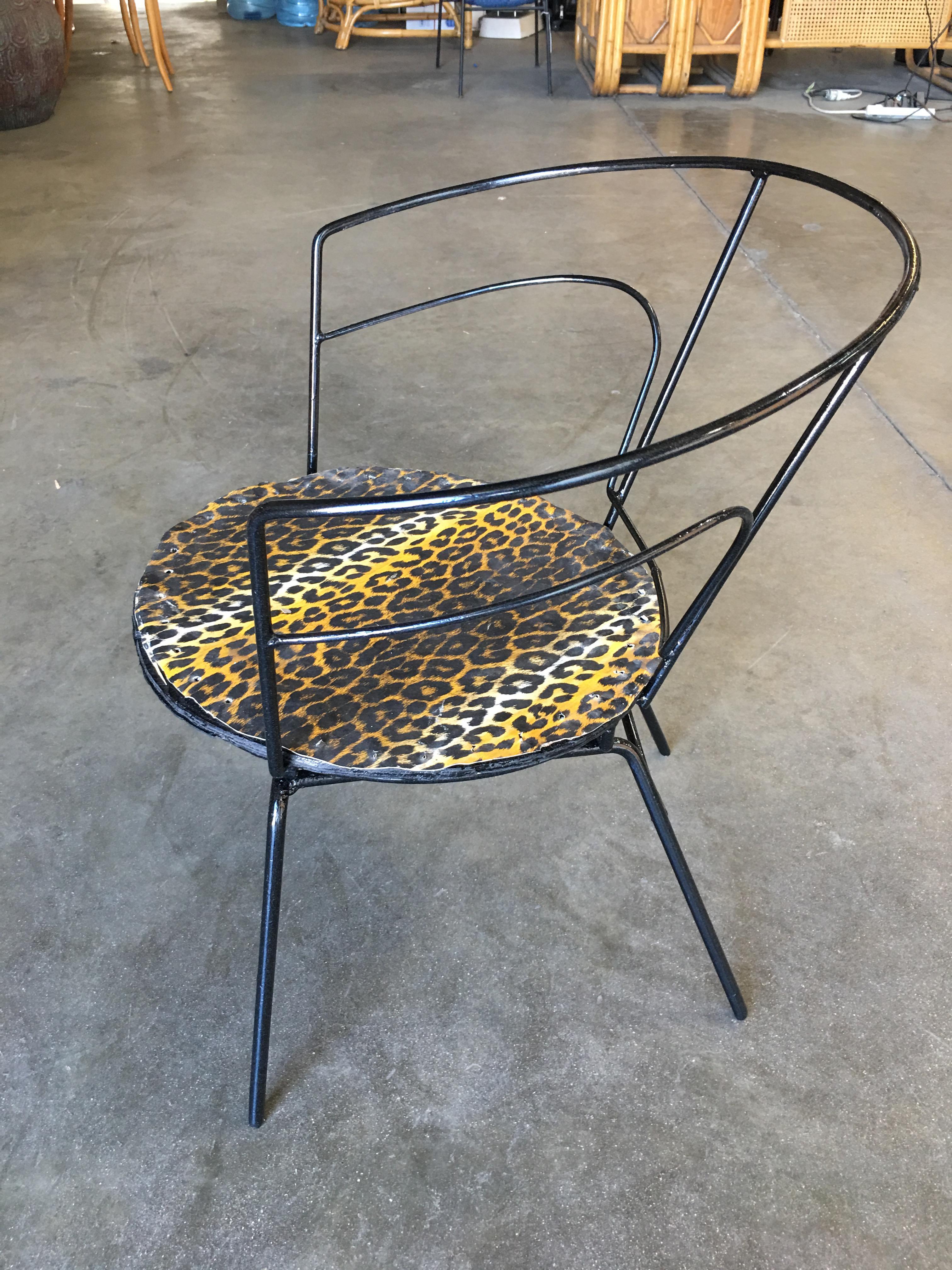 American Atomic Age Iron Wire Side Armchair w/ Leopard Print Seat, Pair For Sale