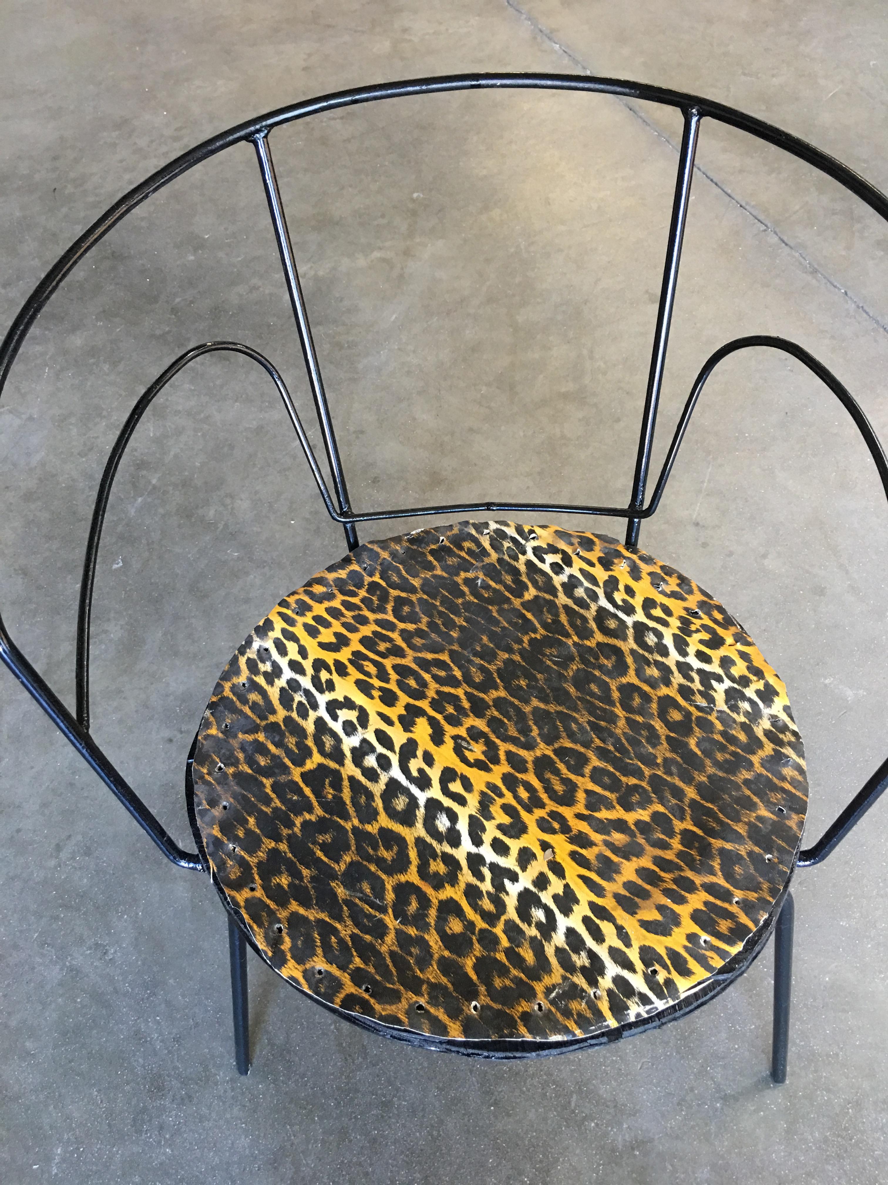 Mid-20th Century Atomic Age Iron Wire Side Armchair w/ Leopard Print Seat, Pair For Sale