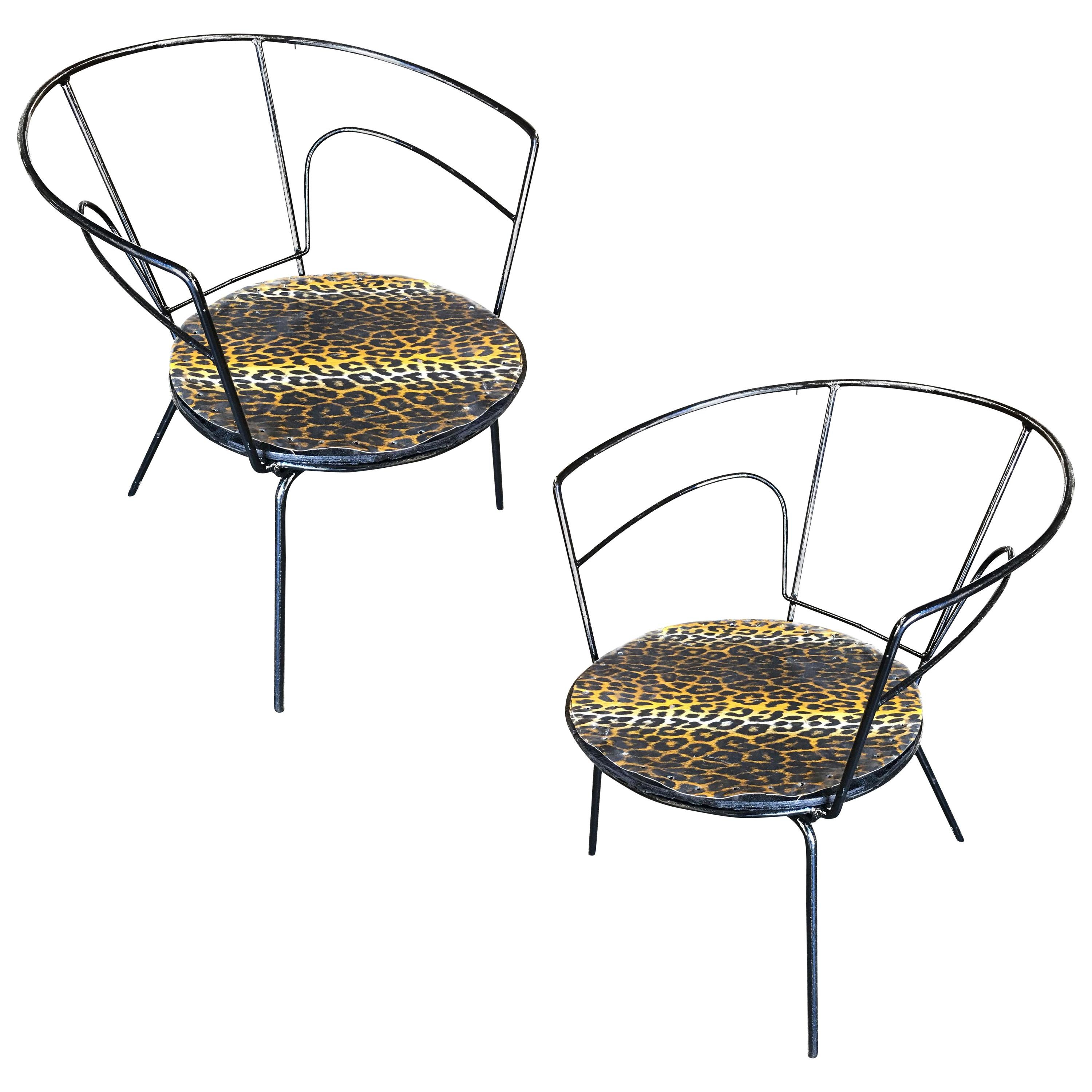 Atomic Age Iron Wire Side Armchair w/ Leopard Print Seat, Pair For Sale