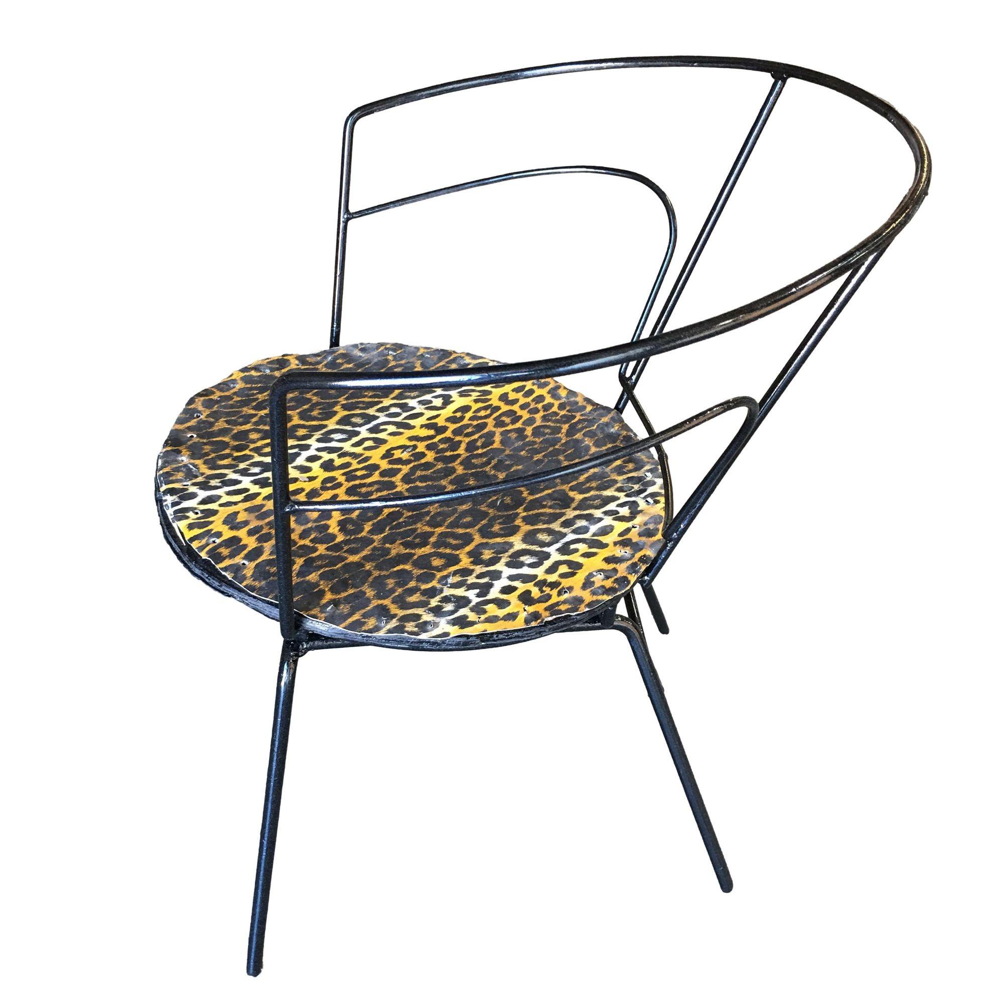 Mid-Century Modern Atomic Age Iron Wire Side Armchair w/ Leopard Print Seat, Pair For Sale