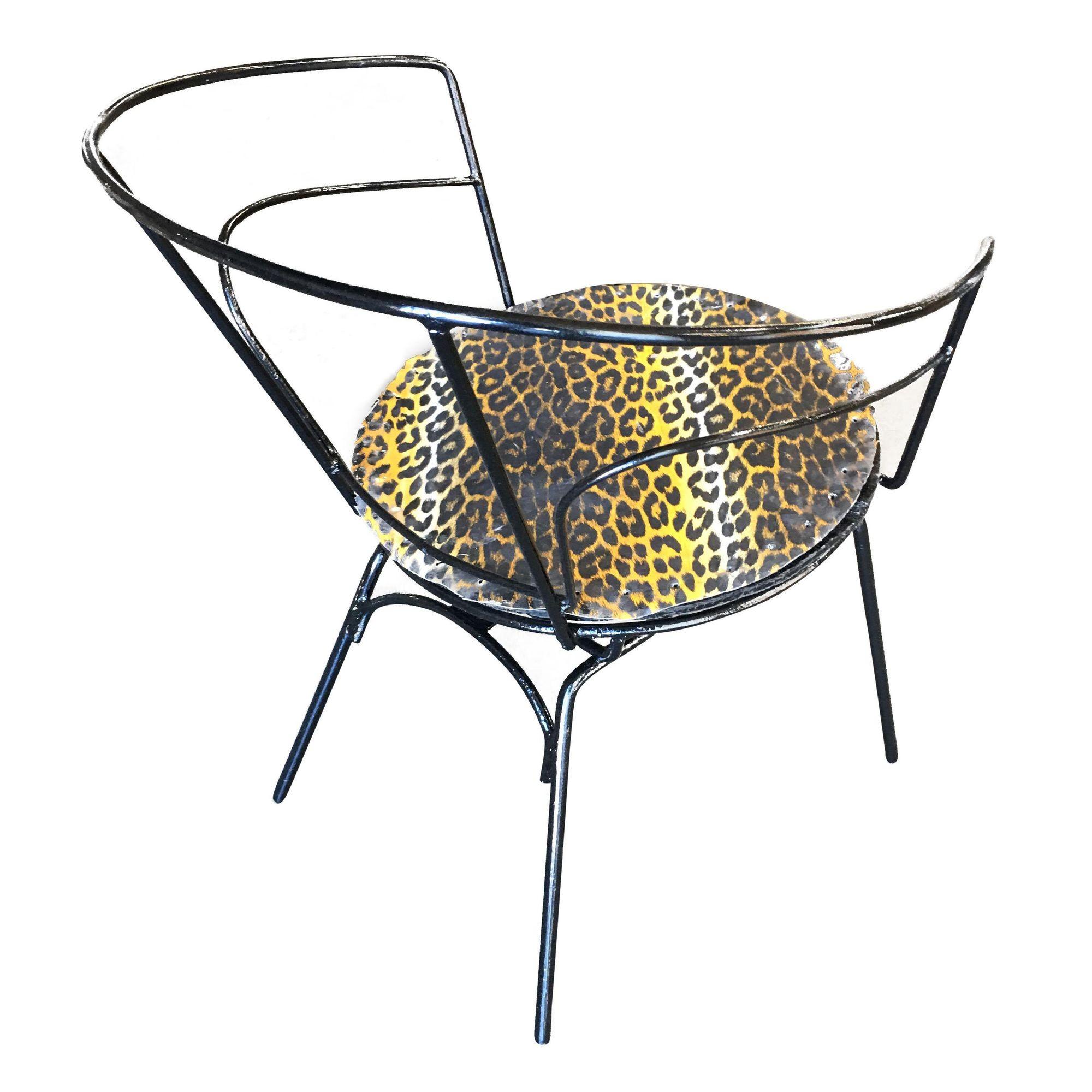 American Atomic Age Iron Wire Side Armchair w/ Leopard Print Seat, Pair For Sale