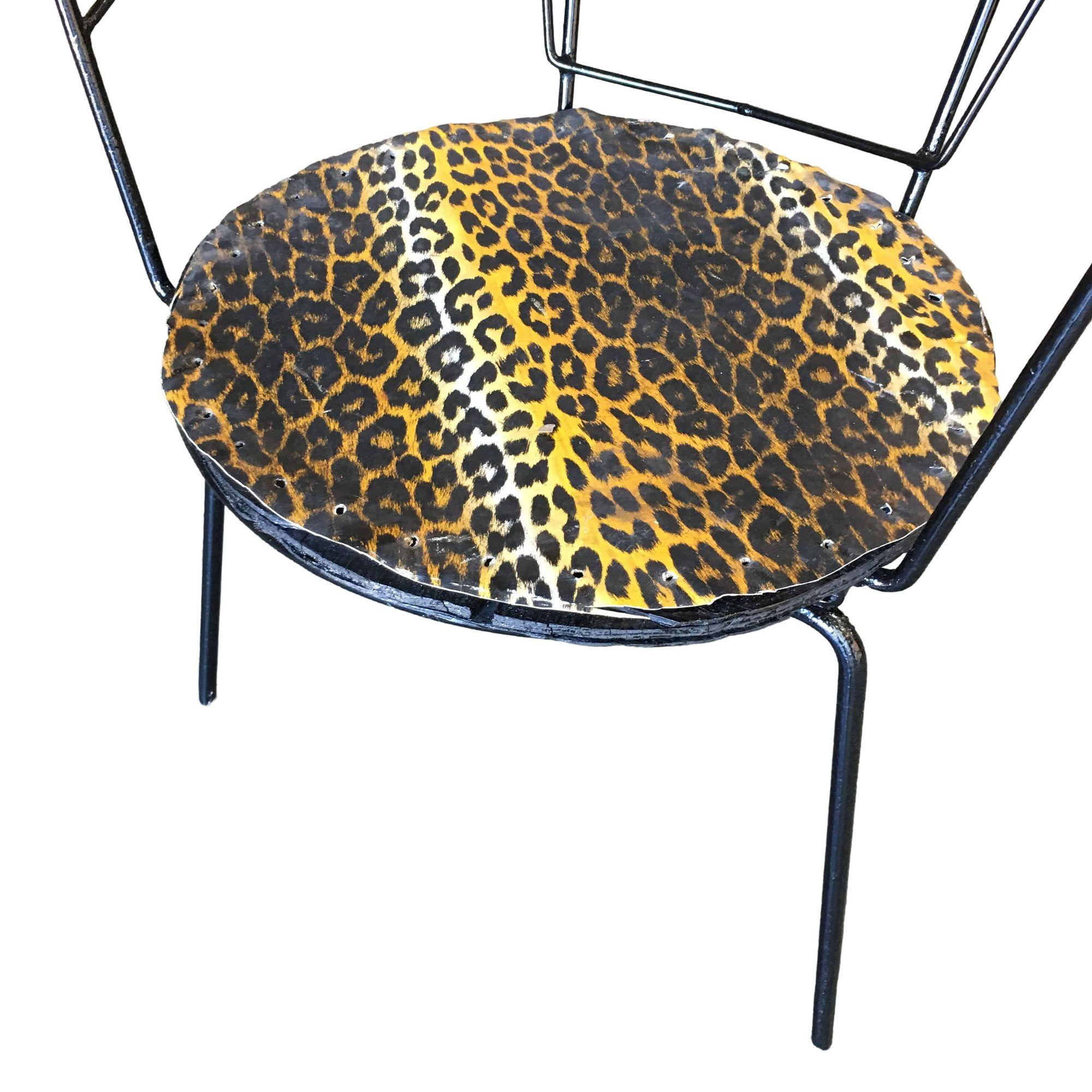 Metal Atomic Age Iron Wire Side Armchair w/ Leopard Print Seat, Pair For Sale
