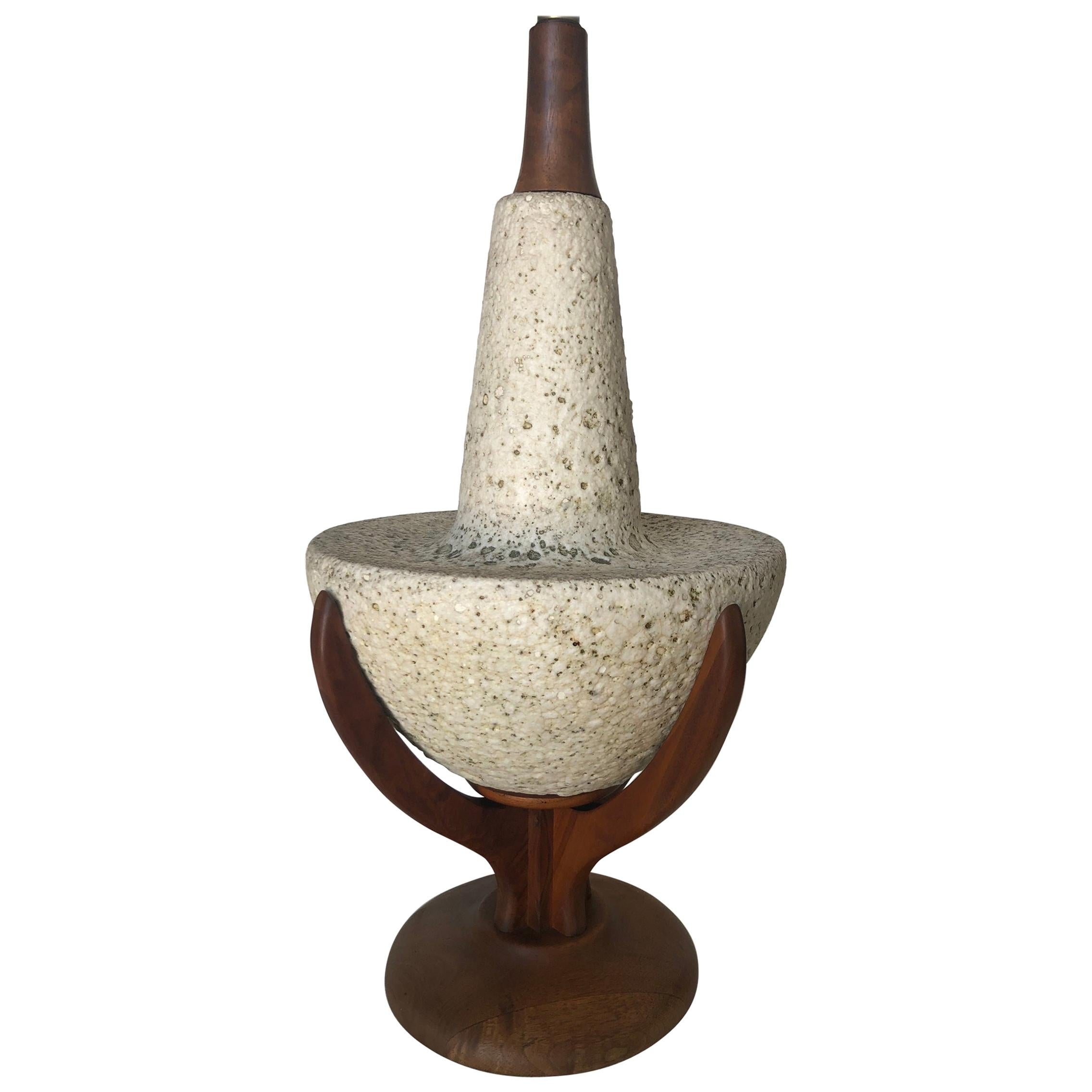 Atomic Age Pebble Stone and Teak Table Lamp
