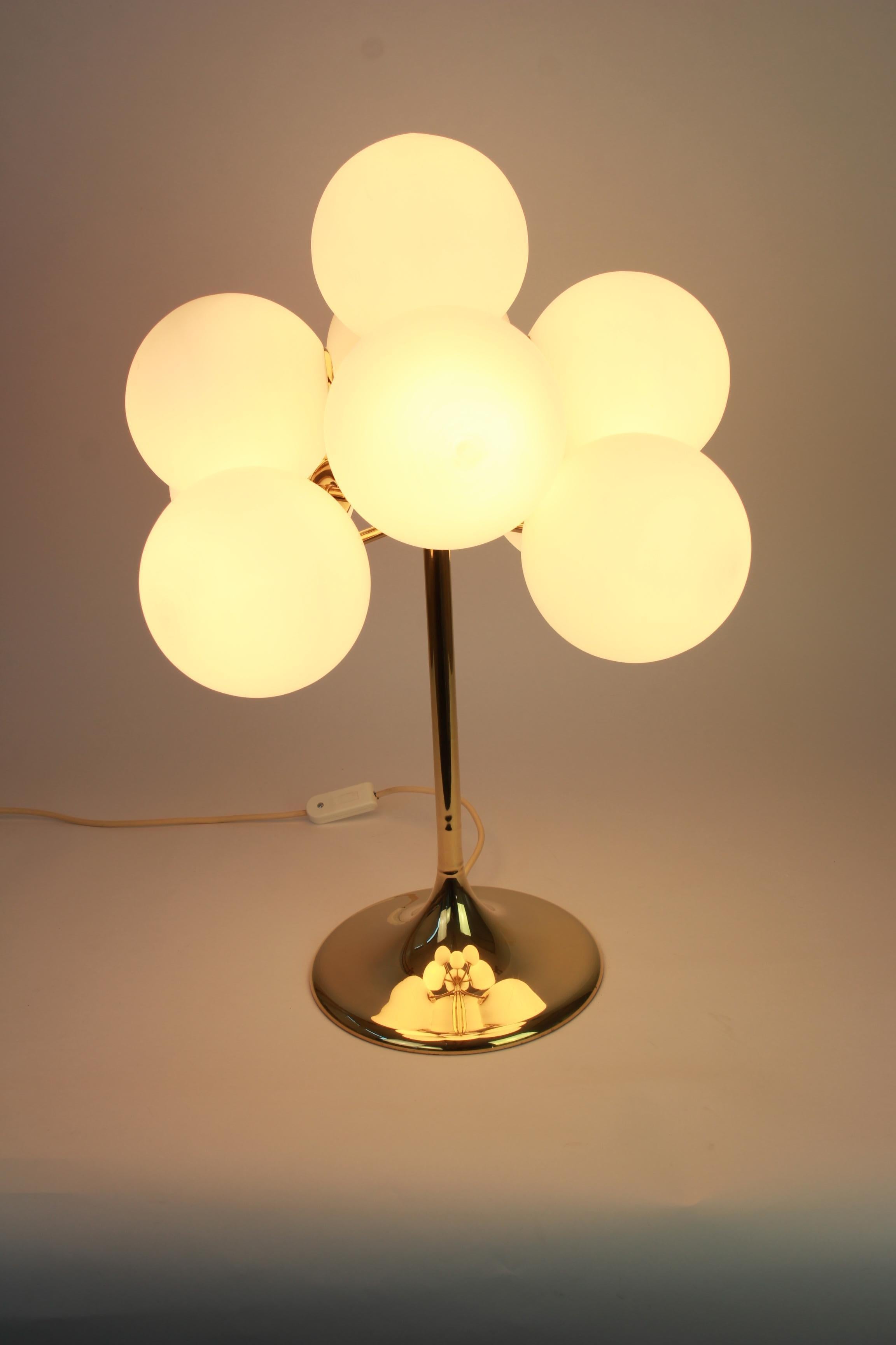 Opaline Glass Atomic Brass Table Lamp, Switzerland, 1960s For Sale