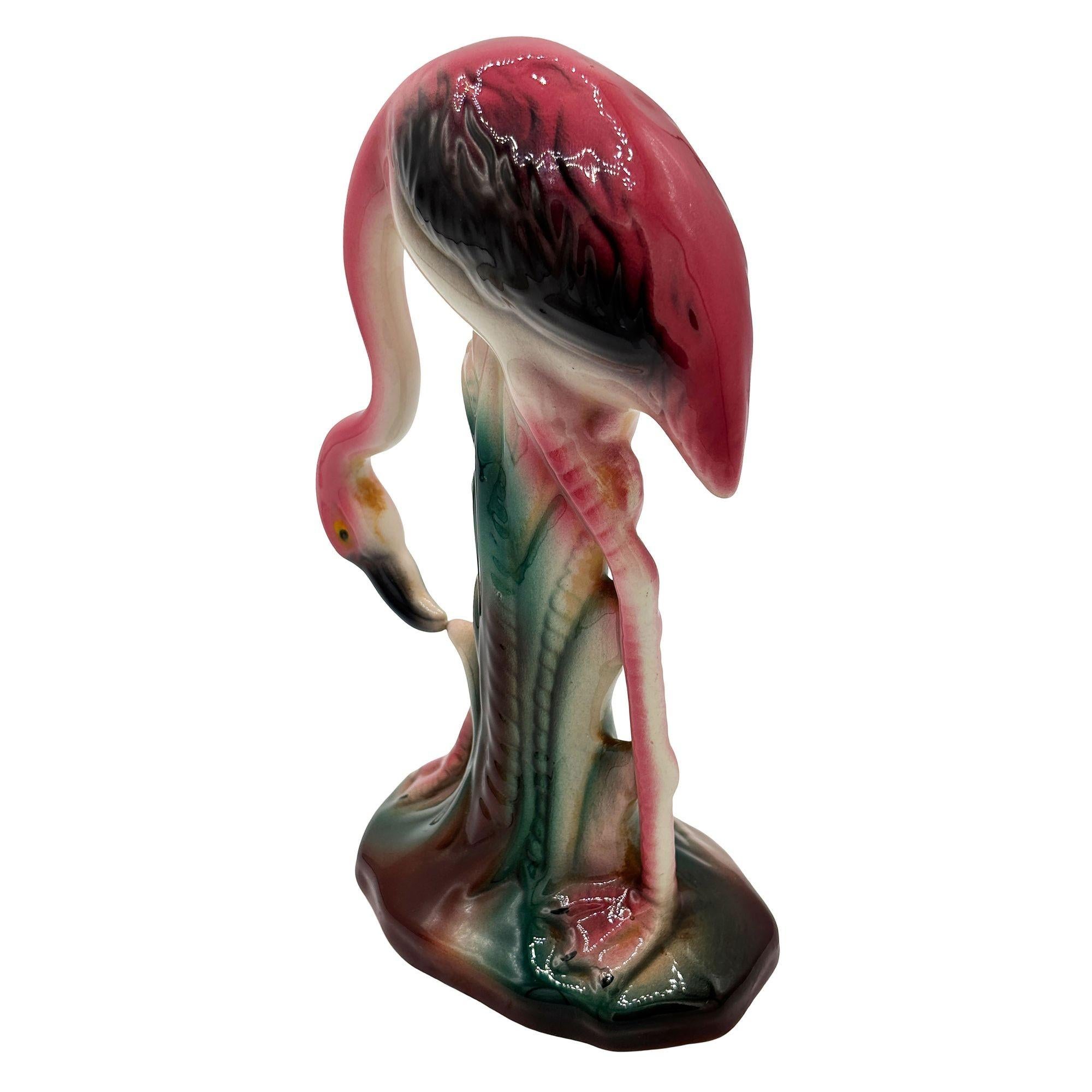 Mid-Century Modern Atomic California Pottery Ceramic Grazing Tropical Pink Flamingo Figurine Statue For Sale